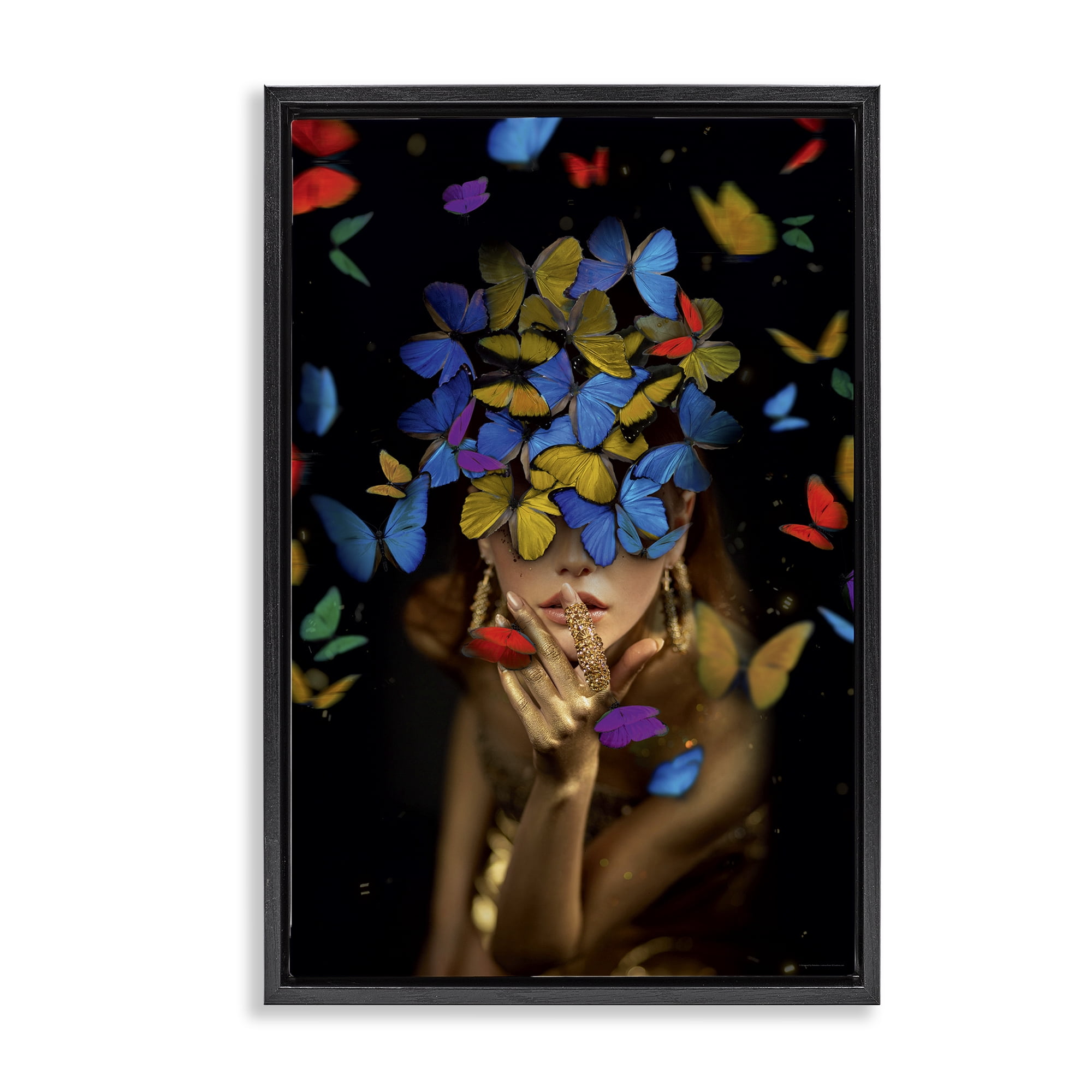 Stupell Industries Butterfly Swathed Woman Animals Painting Black Floater Framed Canvas Art Print Wall Art, 21 x 31