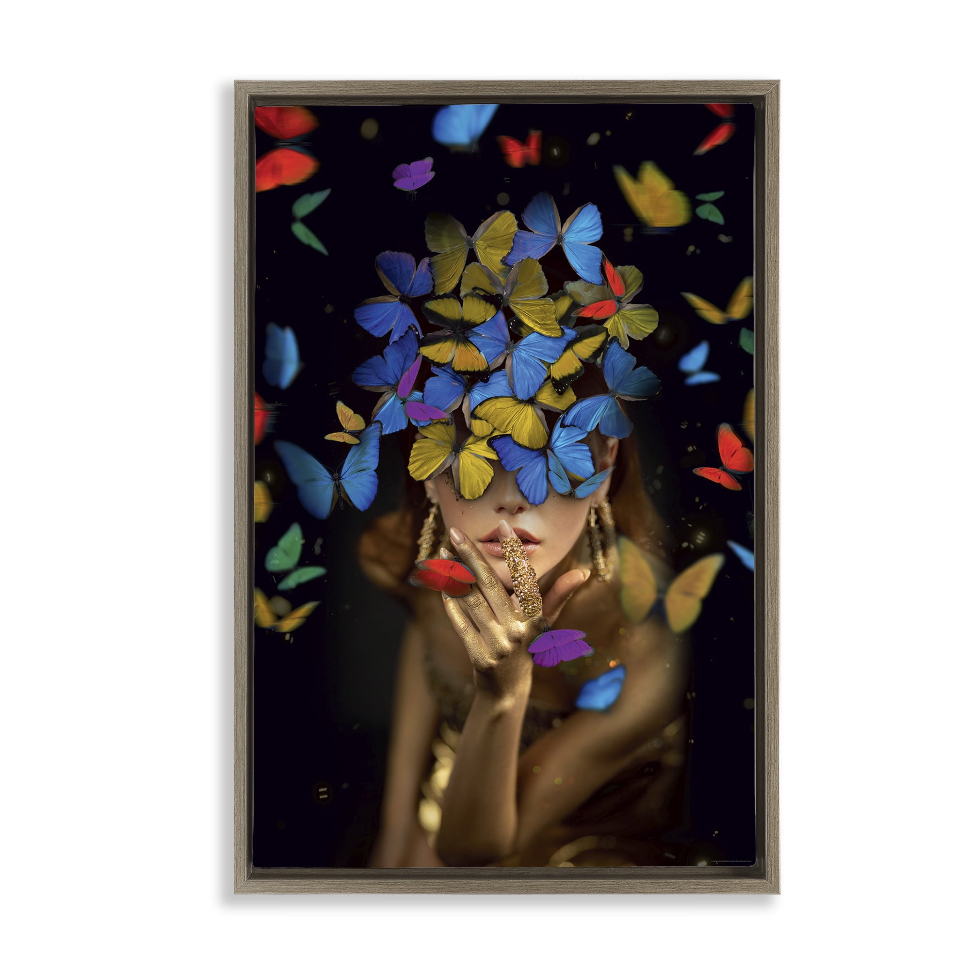 Stupell Industries Butterfly Swathed Woman Animals Painting Brown Floater Framed Canvas Art Print Wall Art, 17 x 25
