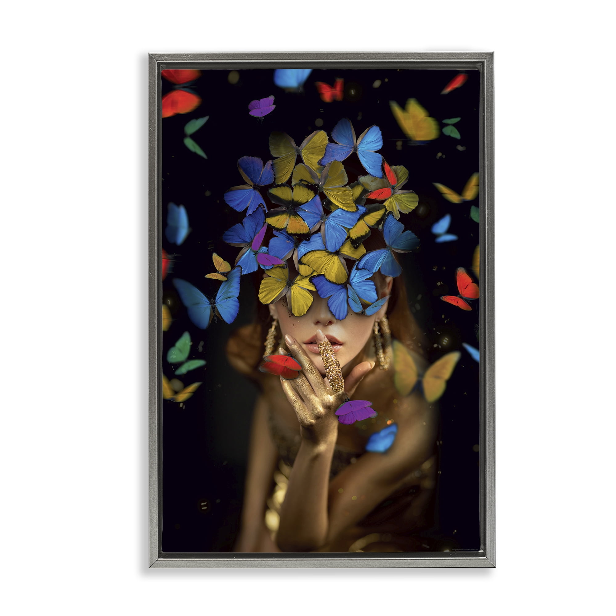 Stupell Industries Butterfly Swathed Woman Animals Painting Gray Floater Framed Canvas Art Print Wall Art, 17 x 25