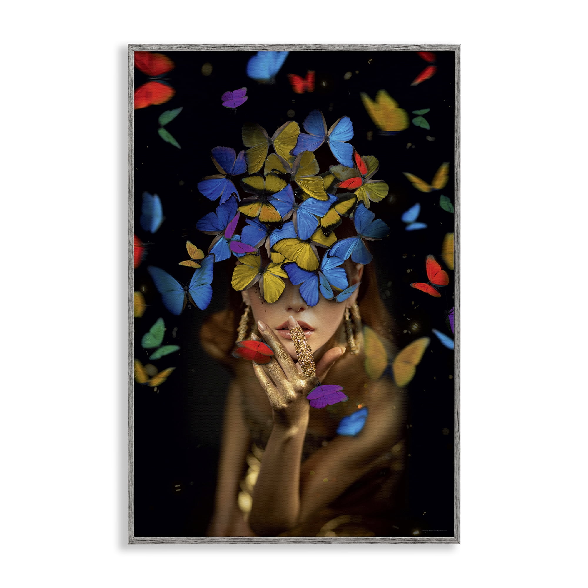 Stupell Industries Butterfly Swathed Woman Animals Painting Gray Framed Art Print Wall Art, 20 x 30