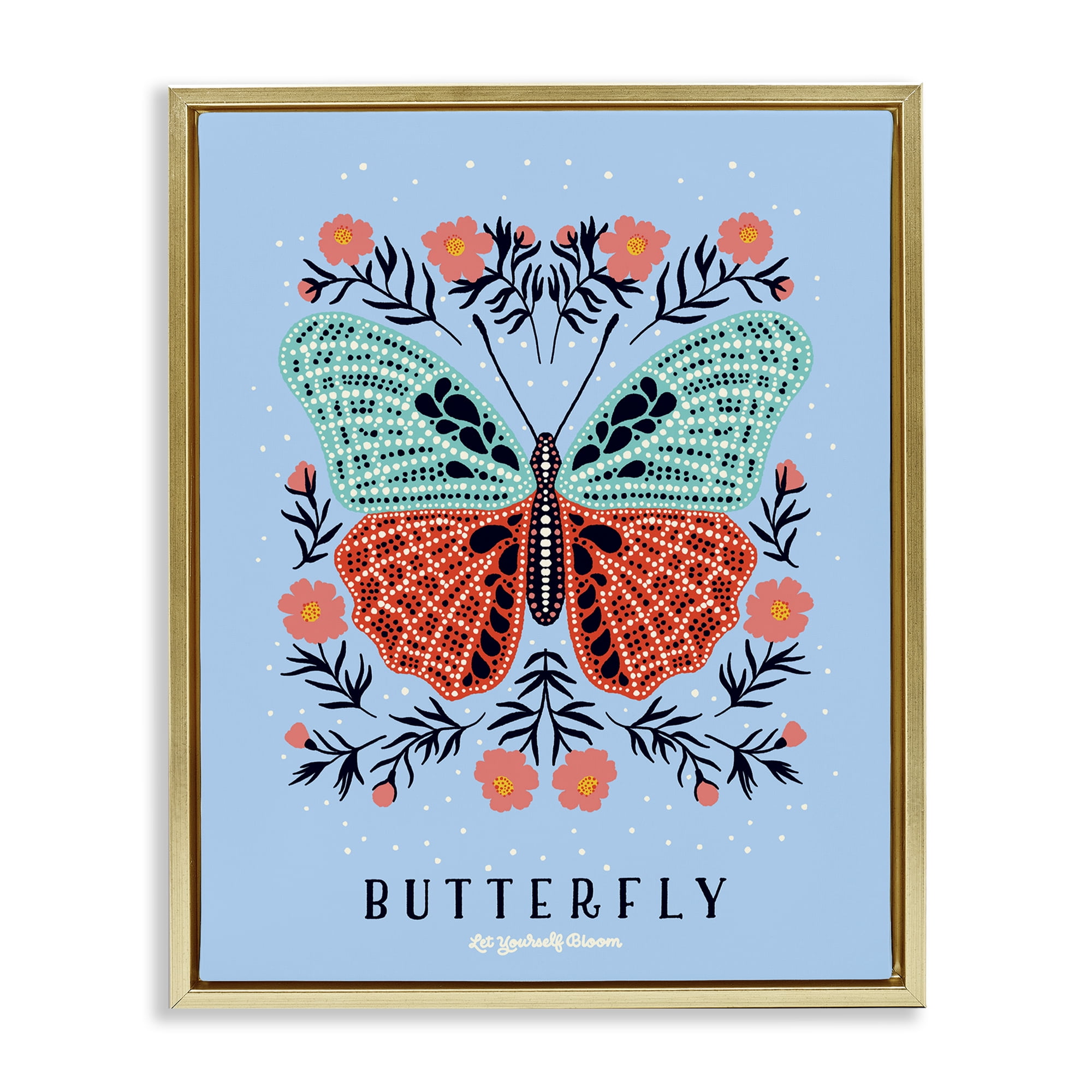 Stupell Industries Butterfly Symmetry on Blue Gold Framed Floater Canvas Wall Art, design by Indira Prieto | IndySign