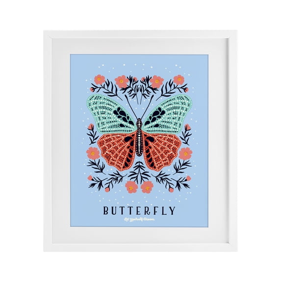 Stupell Industries Bohemian Butterfly Symmetry on Blue White Framed Print Under Glass, 13 x 16, by Indira Prieto | IndySign