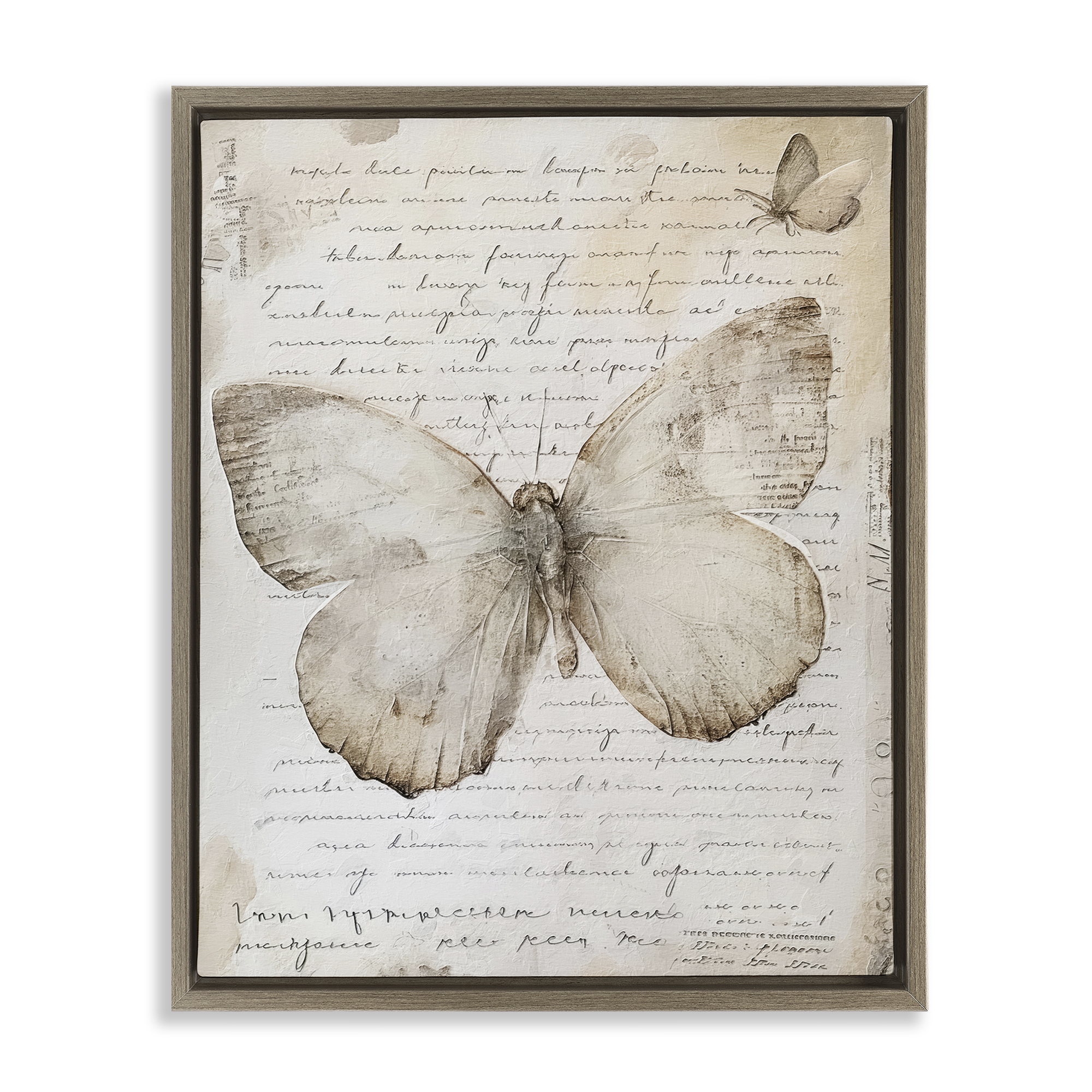 Stupell Industries Butterfly & Vintage Cursive Animals Painting Brown Floater Framed Canvas Art Print Wall Art, 17 x 21