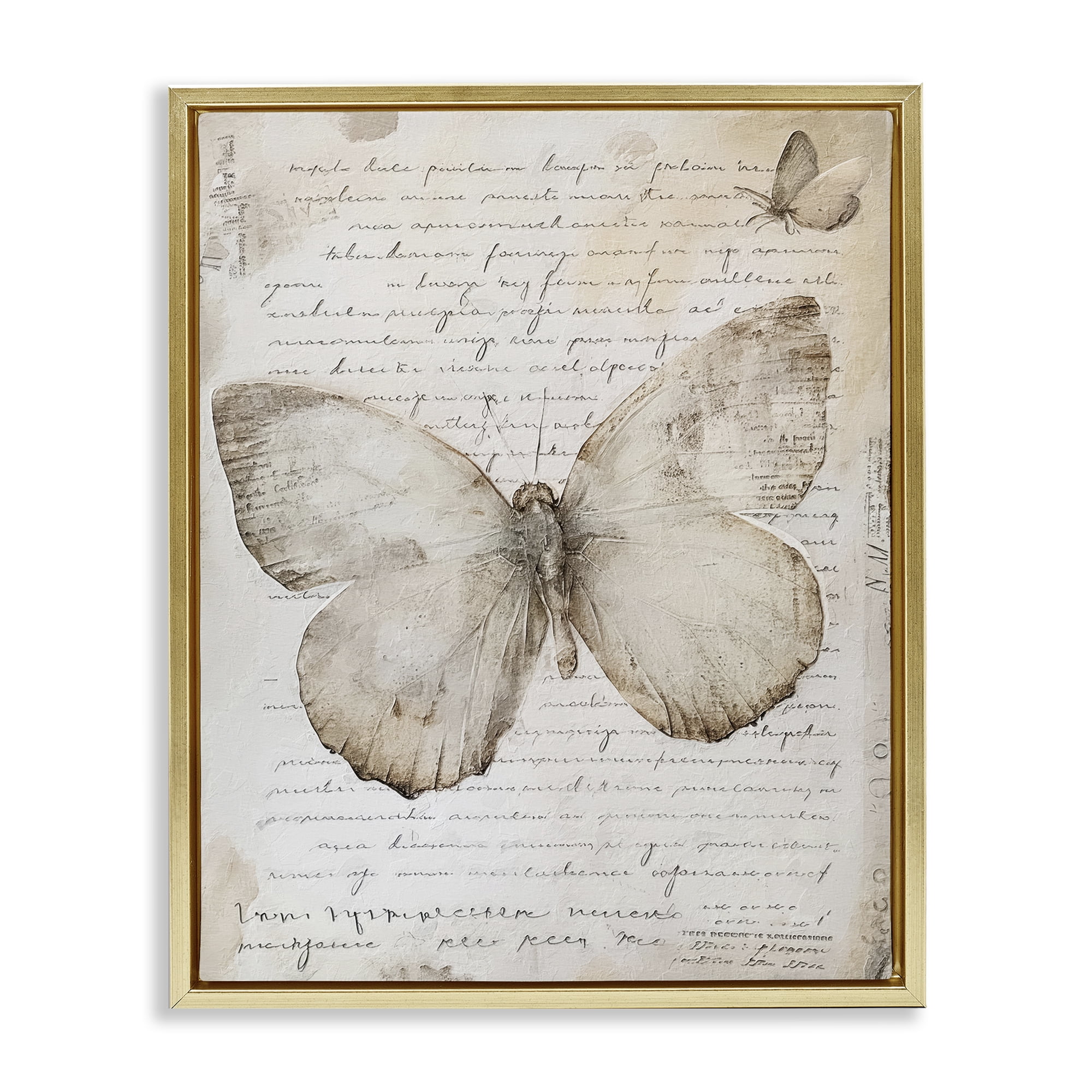 Stupell Industries Butterfly & Vintage Cursive Animals Painting Gold Floater Framed Canvas Art Print Wall Art, 17 x 21