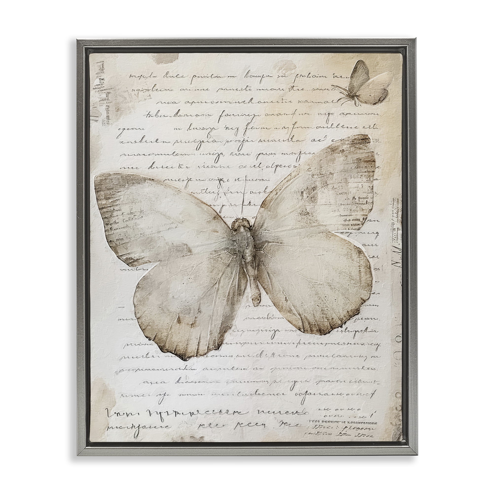 Stupell Industries Butterfly & Vintage Cursive Animals Painting Gray Floater Framed Canvas Art Print Wall Art, 25 x 31