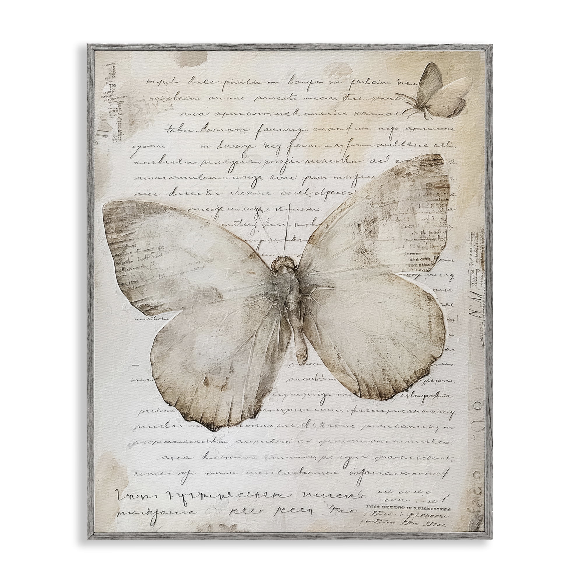 Stupell Industries Butterfly & Vintage Cursive Animals Painting Gray Framed Art Print Wall Art, 11 x 14