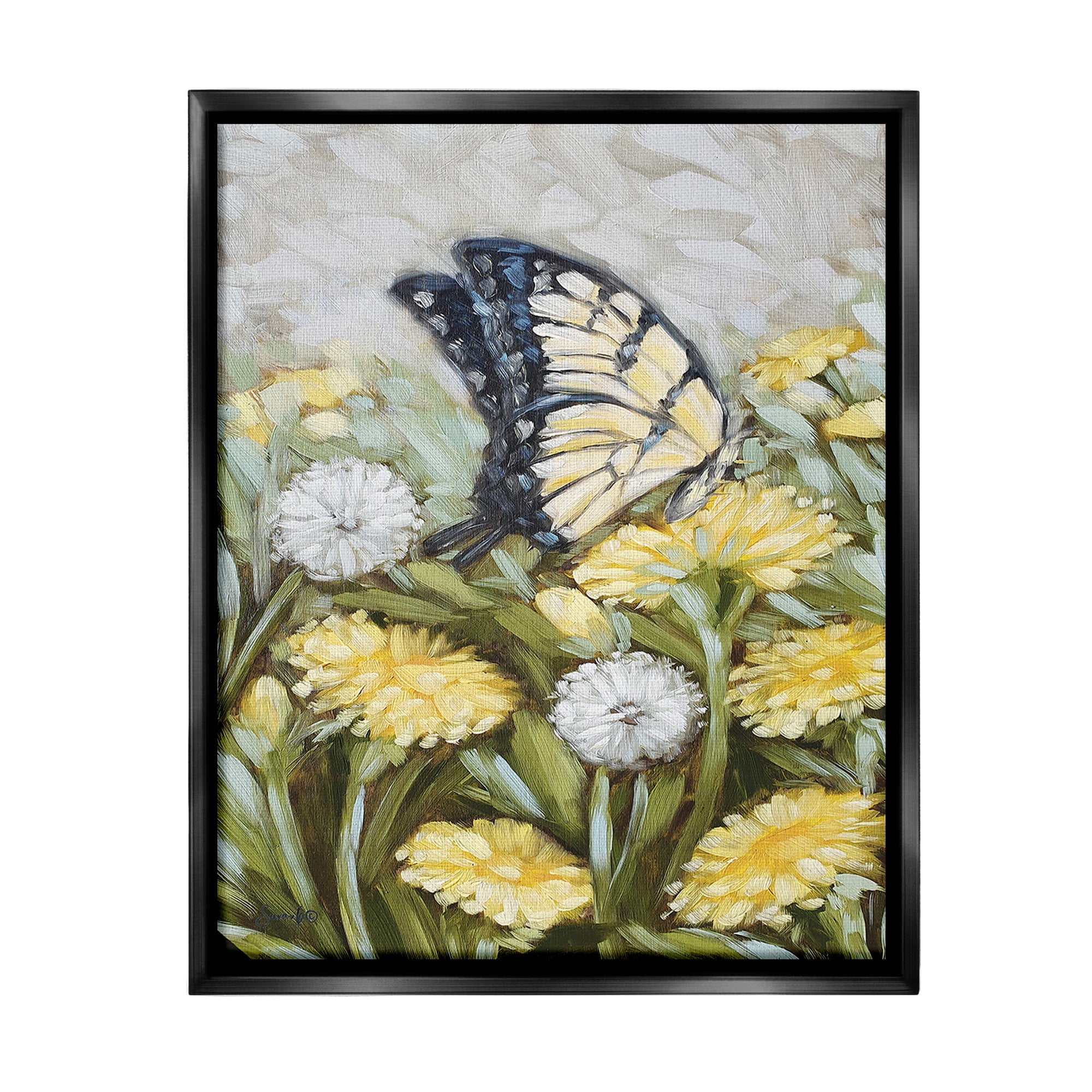 Stupell Industries Butterfly & Yellow Daisies Botanical & Floral Painting Black Floater Framed Canvas Art Print Wall Art, 17 x 21