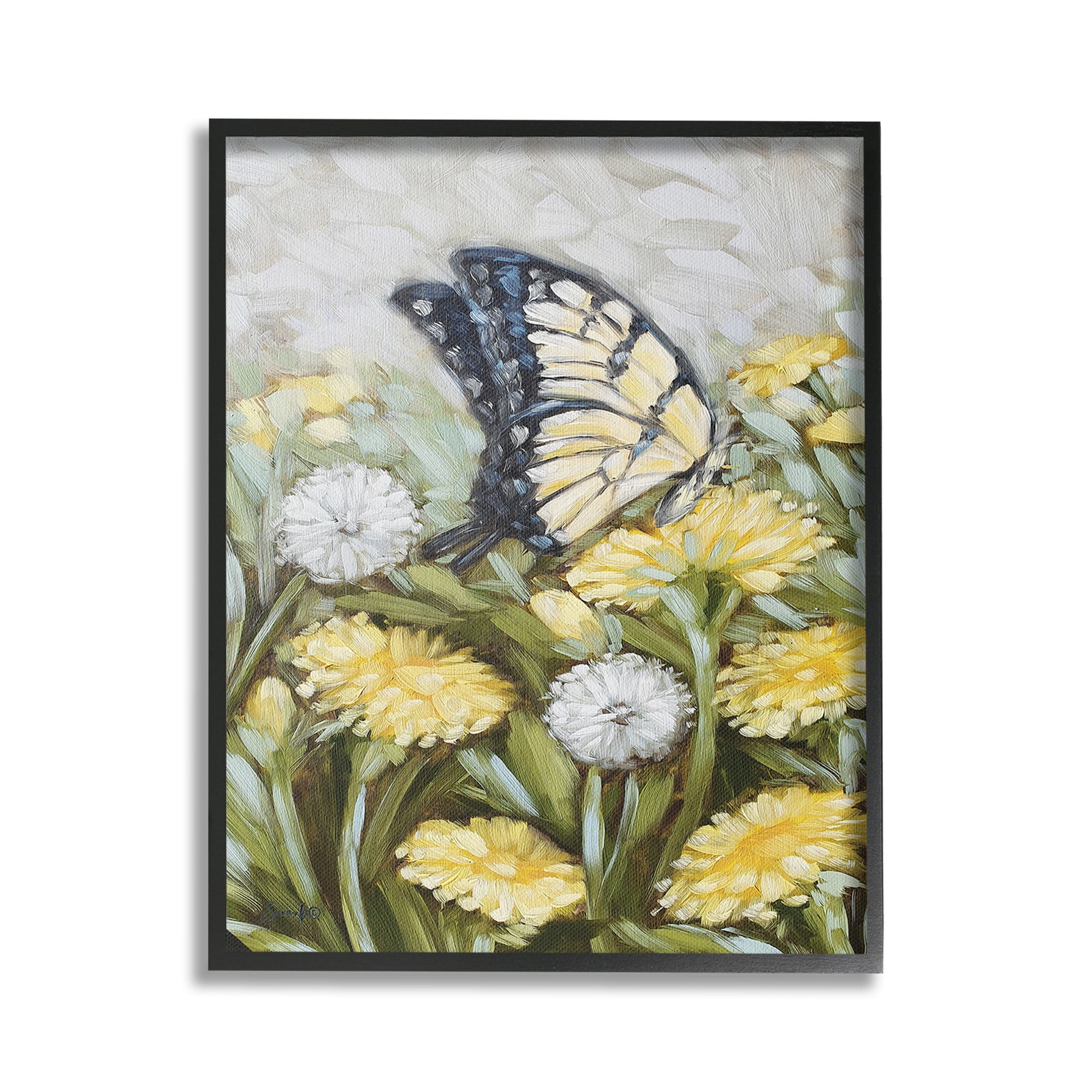 Stupell Industries Butterfly & Yellow Daisies Botanical & Floral Painting Black Framed Art Print Wall Art, 16 x 20