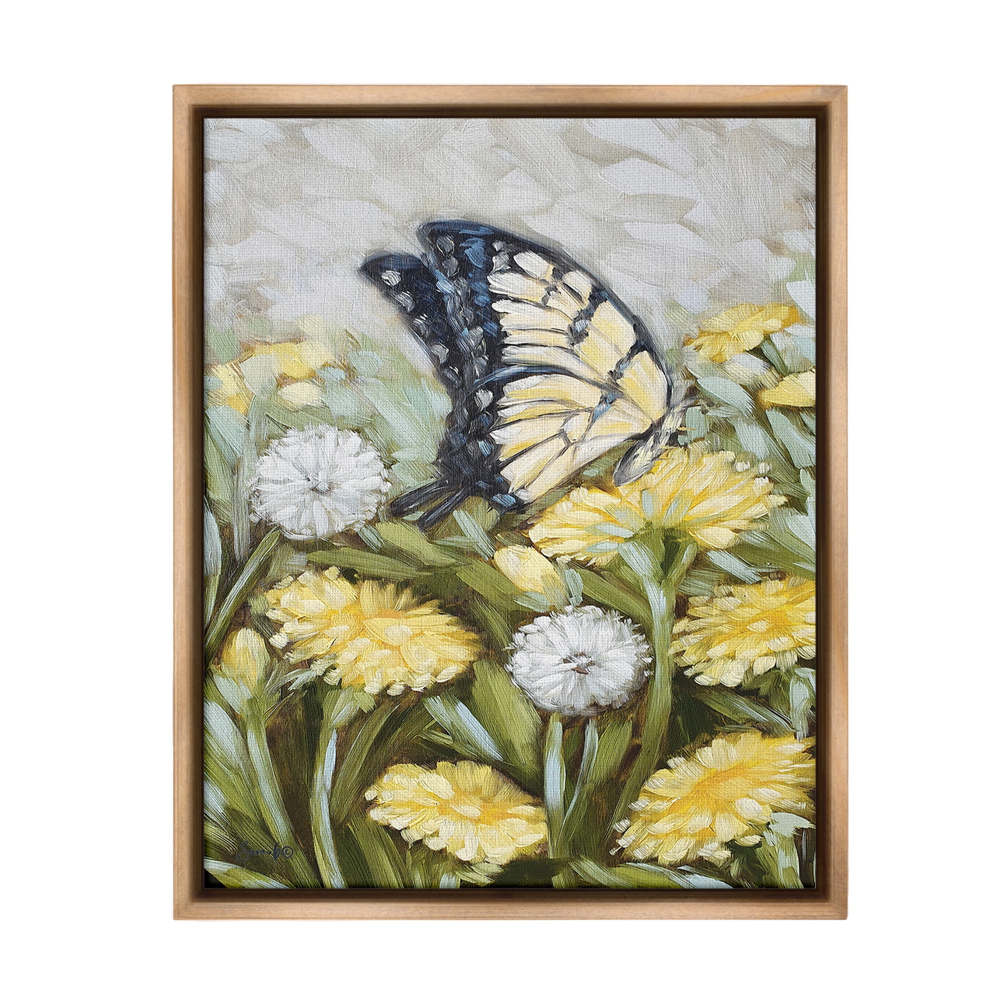 Stupell Industries Butterfly & Yellow Daisies Botanical & Floral Painting Brown Floater Framed Canvas Art Print Wall Art, 25 x 31