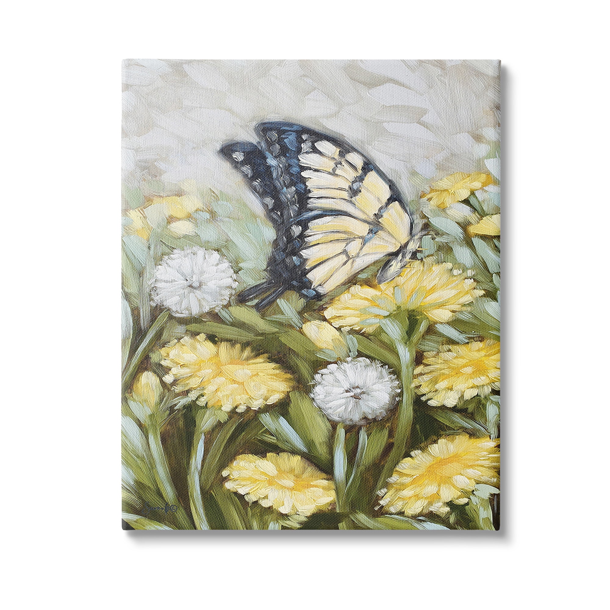 Stupell Industries Butterfly & Yellow Daisies Botanical & Floral Painting Gallery Wrapped Canvas Art Print Wall Art, 36 x 48