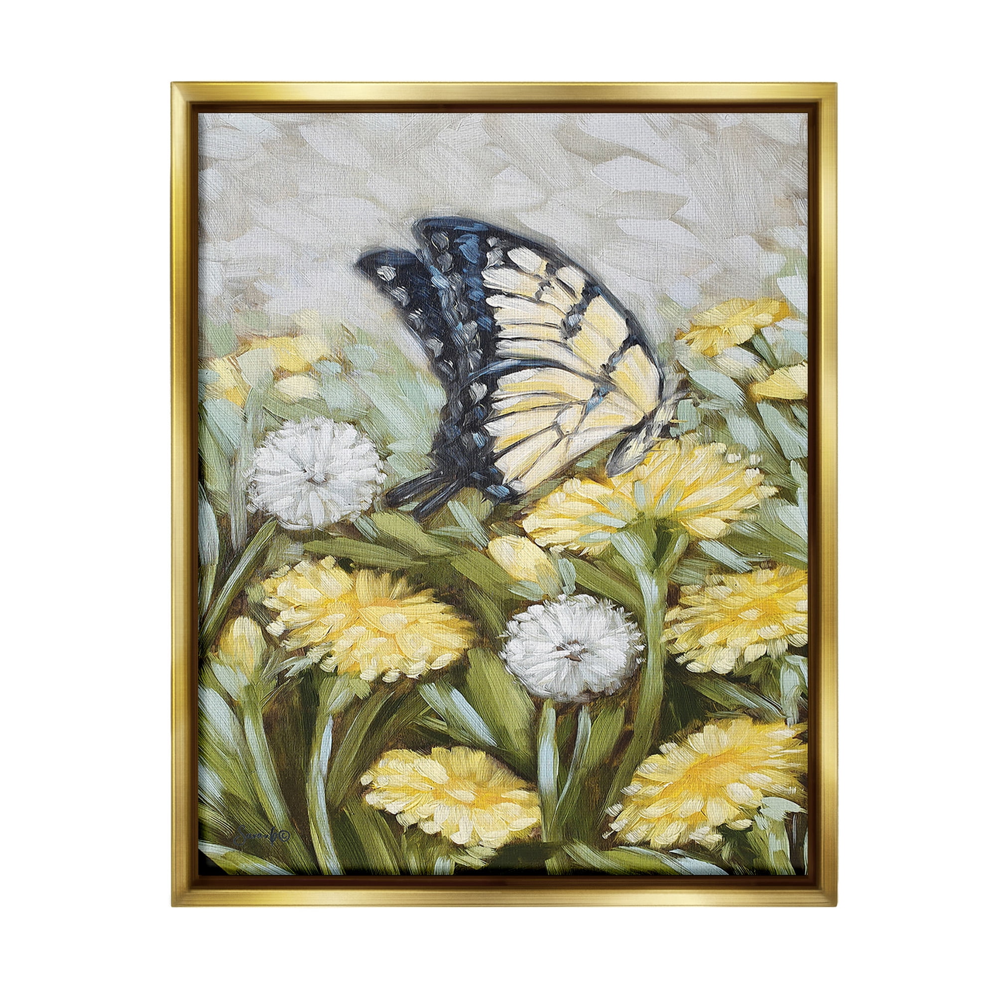 Stupell Industries Butterfly & Yellow Daisies Botanical & Floral Painting Gold Floater Framed Canvas Art Print Wall Art, 25 x 31