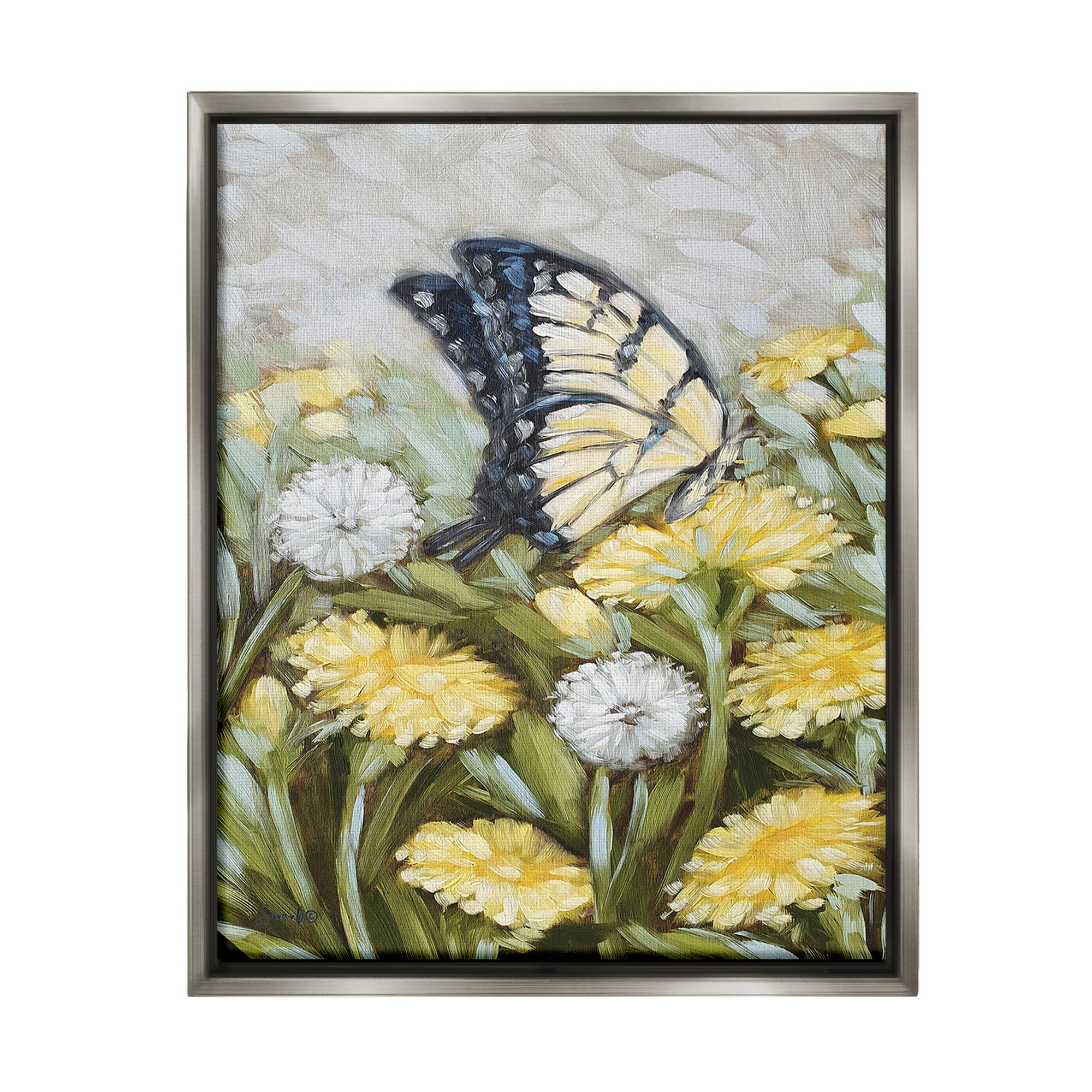 Stupell Industries Butterfly & Yellow Daisies Botanical & Floral Painting Gray Floater Framed Canvas Art Print Wall Art, 25 x 31