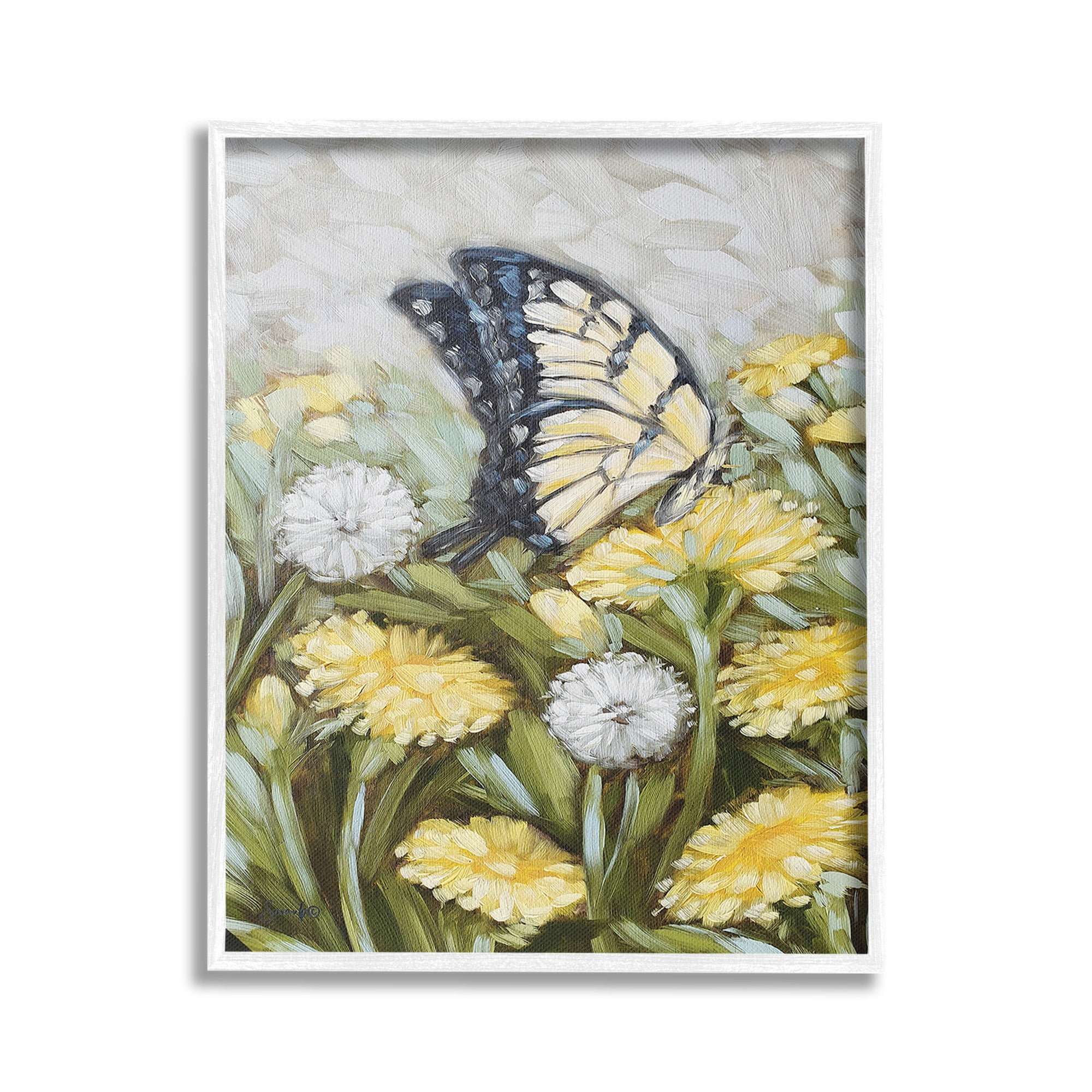 Stupell Industries Butterfly & Yellow Daisies Botanical & Floral Painting White Framed Art Print Wall Art, 16 x 20