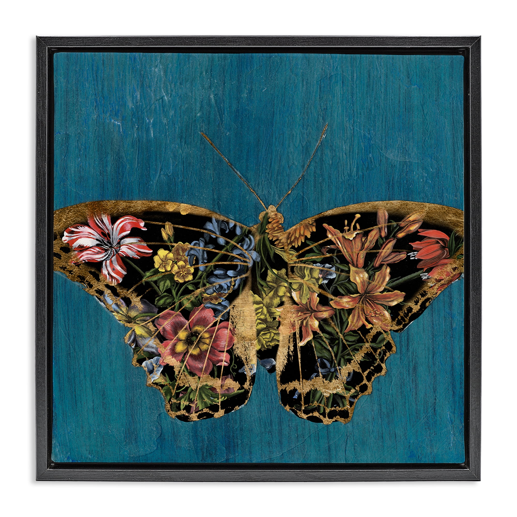 Stupell Industries Butterfly with Floral Wings Animals & Insects Painting Black Floater Framed Canvas Art Print Wall Art, 25 x 25