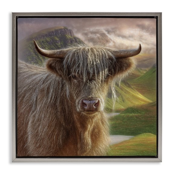 Stupell Industries Butterscotch Highland Cow Gray Framed Floater Canvas Wall Art design by Collin Bogle, 25 x 25