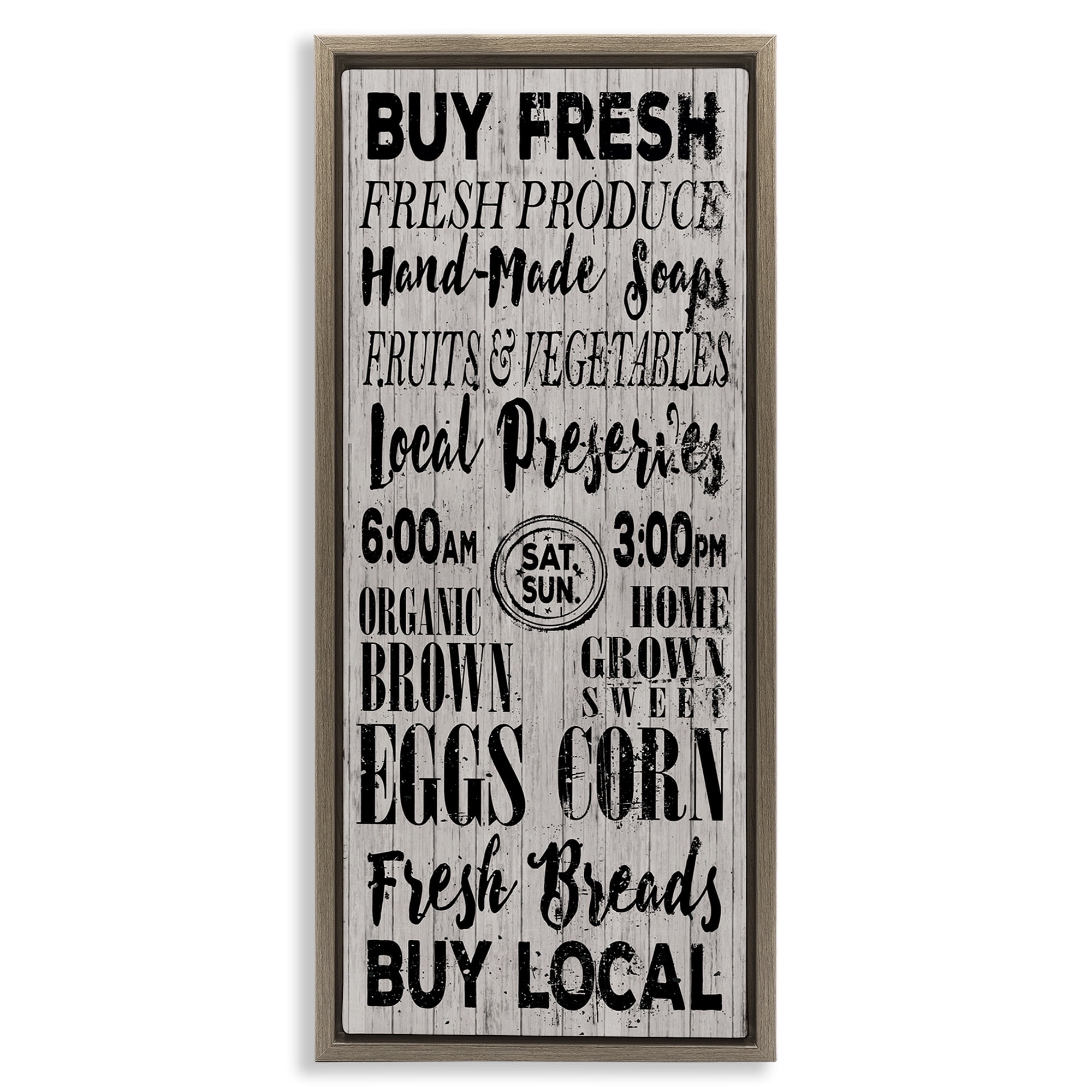 Stupell Industries Buy Farm Fresh Typography Painting Brown Floater Framed Canvas Art Print Wall Art, 11 x 25