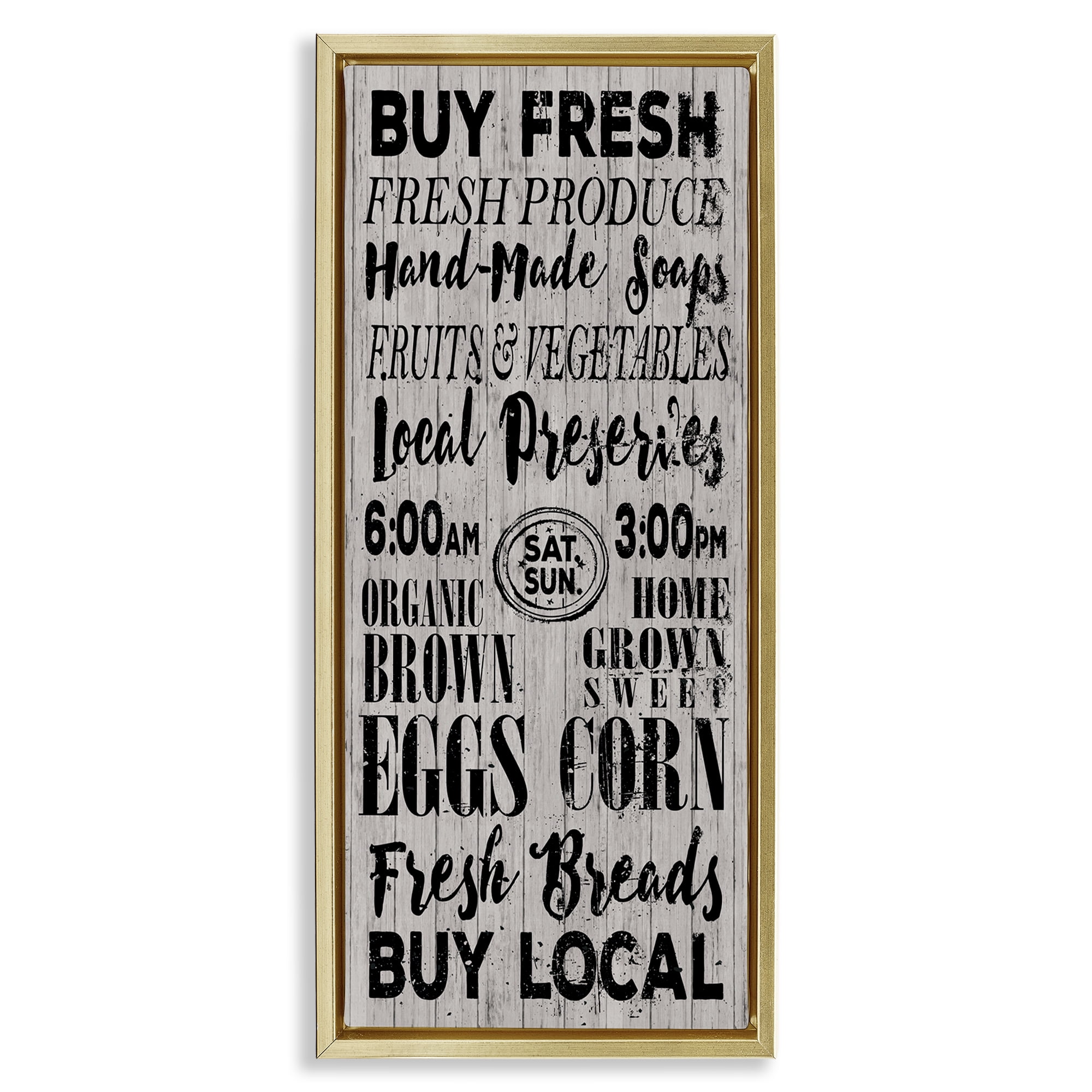 Stupell Industries Buy Farm Fresh Typography Painting Gold Floater Framed Canvas Art Print Wall Art, 11 x 25