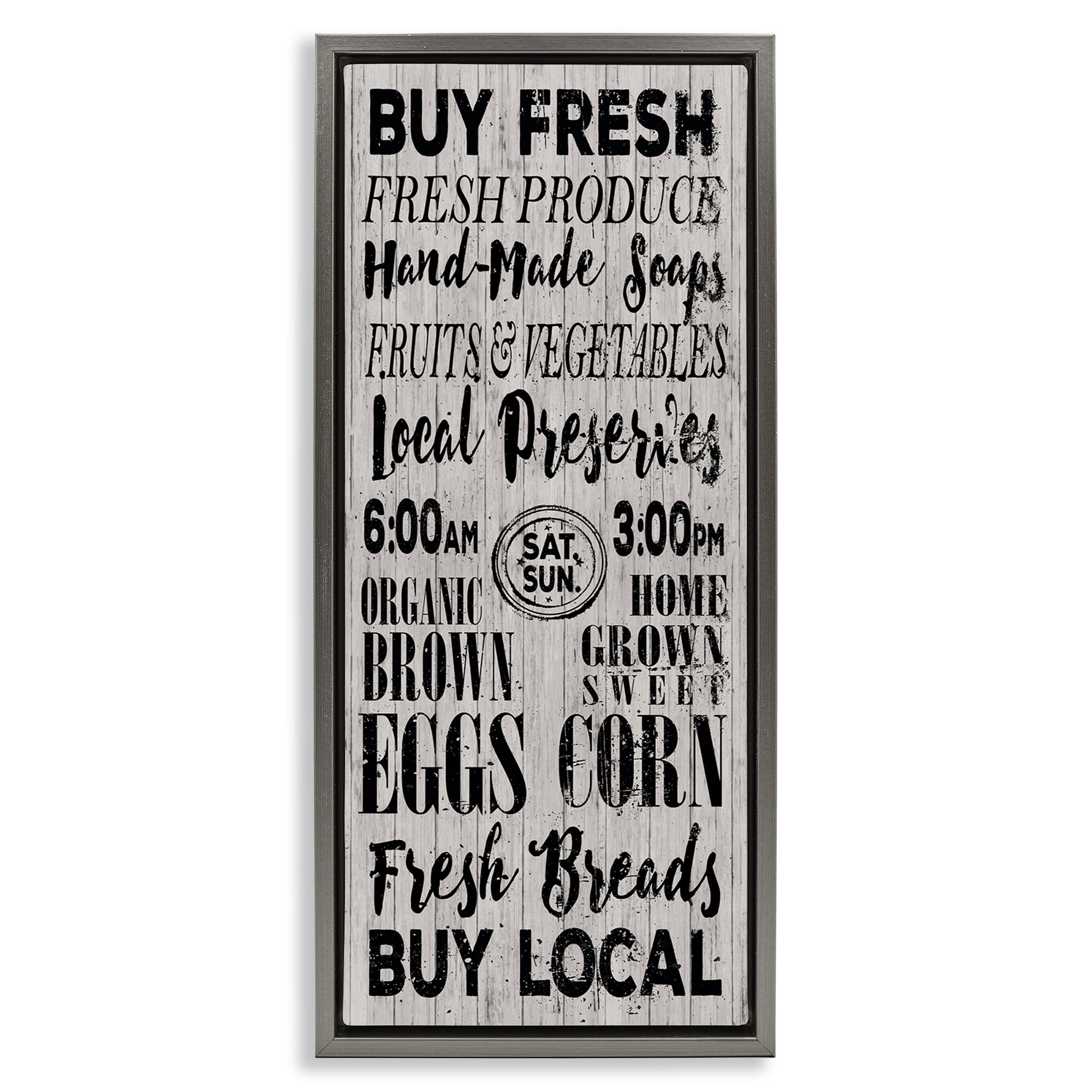 Stupell Industries Buy Farm Fresh Typography Painting Gray Floater Framed Canvas Art Print Wall Art, 11 x 25