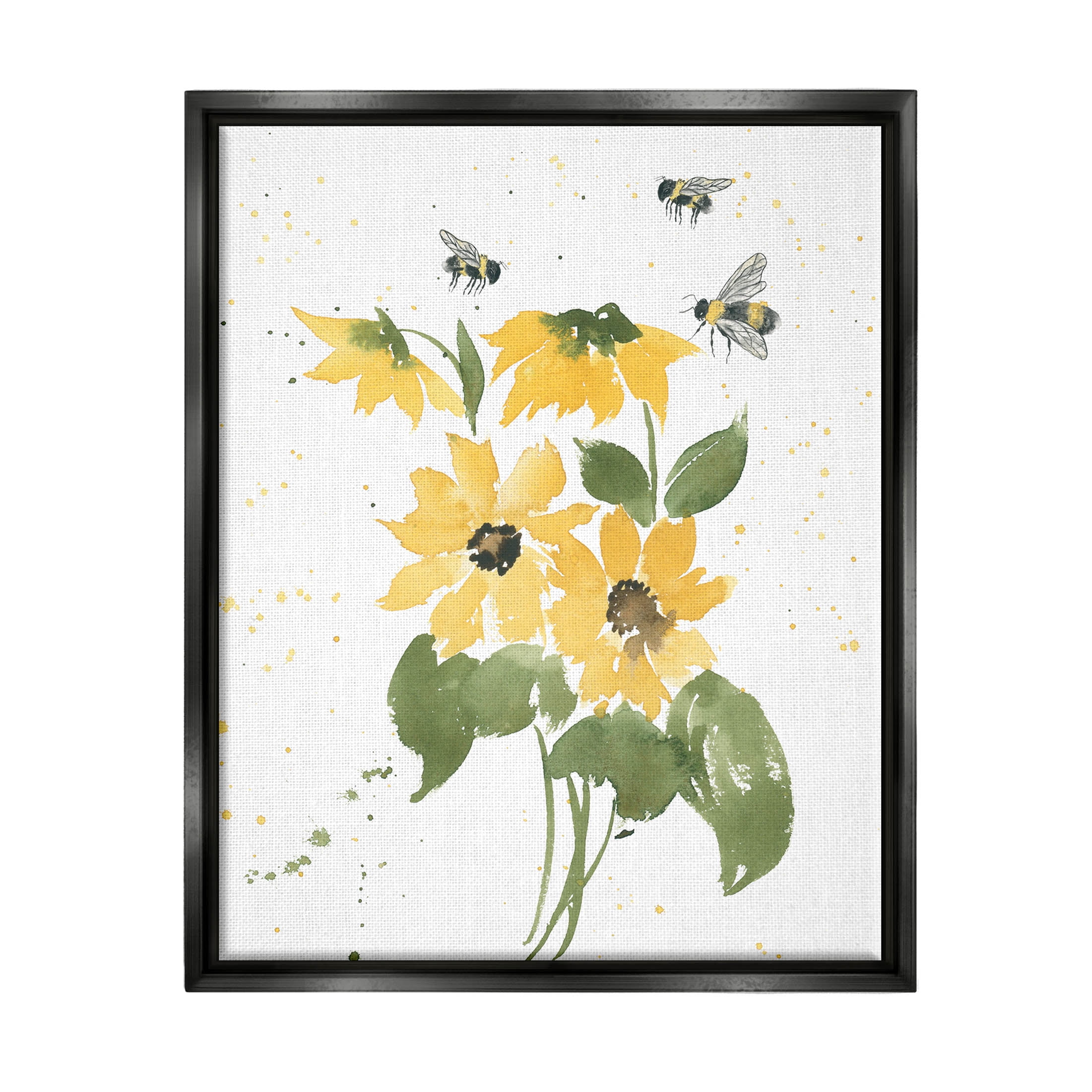 Stupell Industries Buzzing Bees Flower Blossom Graphic Art Jet Black Floating Framed Canvas Print Wall Art, Design by Lucille Price