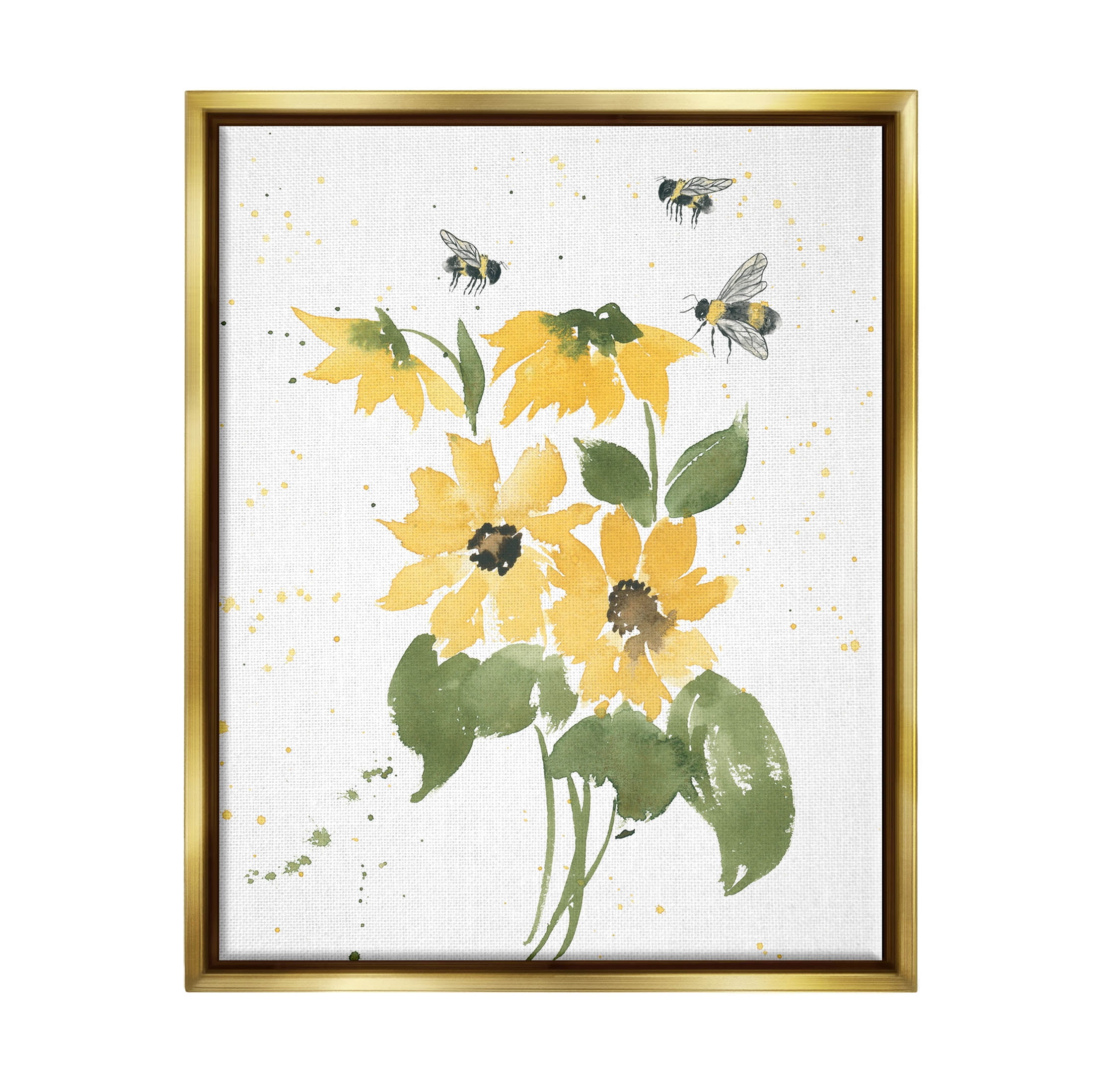 Stupell Industries Buzzing Bees Flower Blossom Graphic Art Metallic Gold Floating Framed Canvas Print Wall Art, Design by Lucille Price