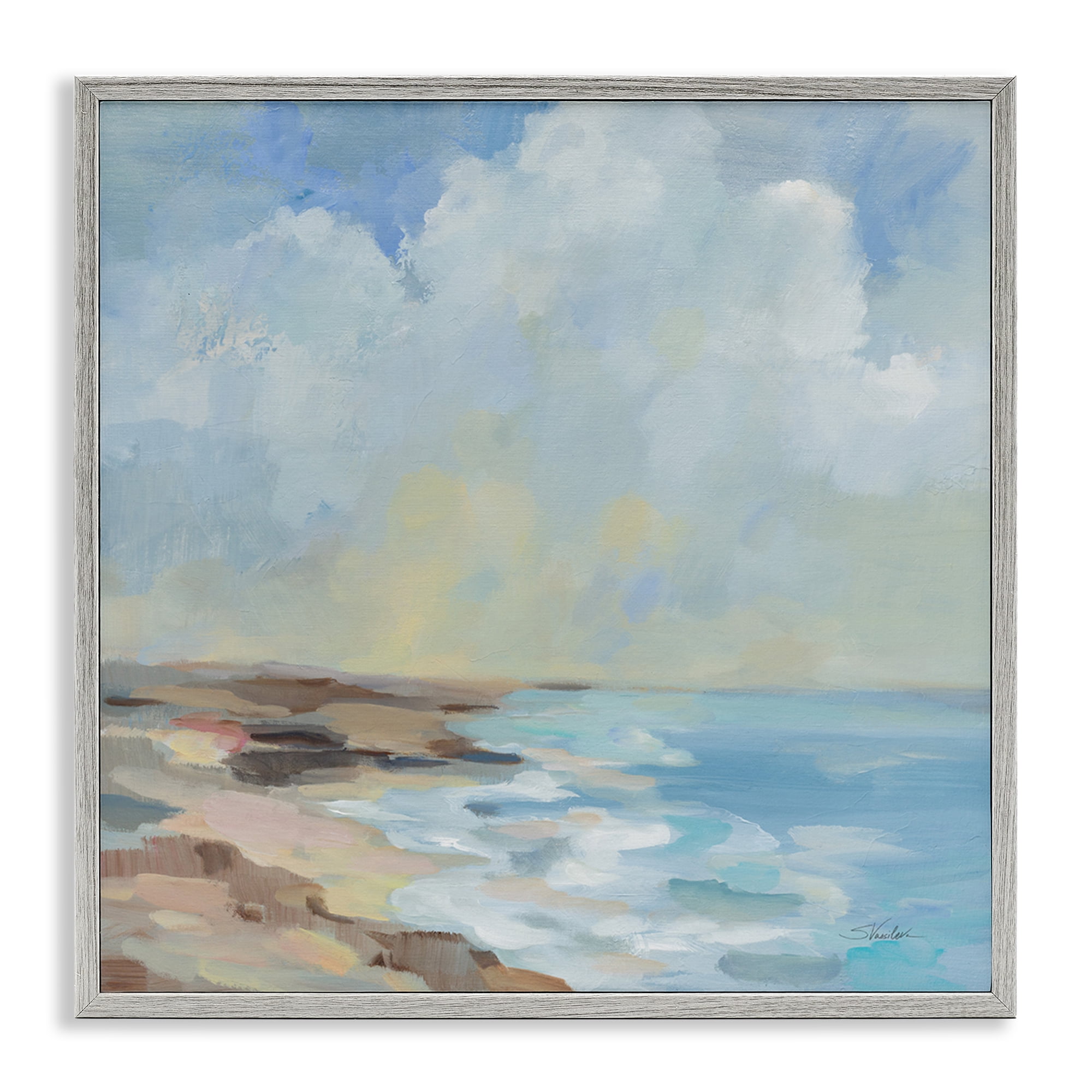 Stupell Industries By The Beach Shore Landscape & Nature Painting Gray Framed Art Print Wall Art, 24 x 24