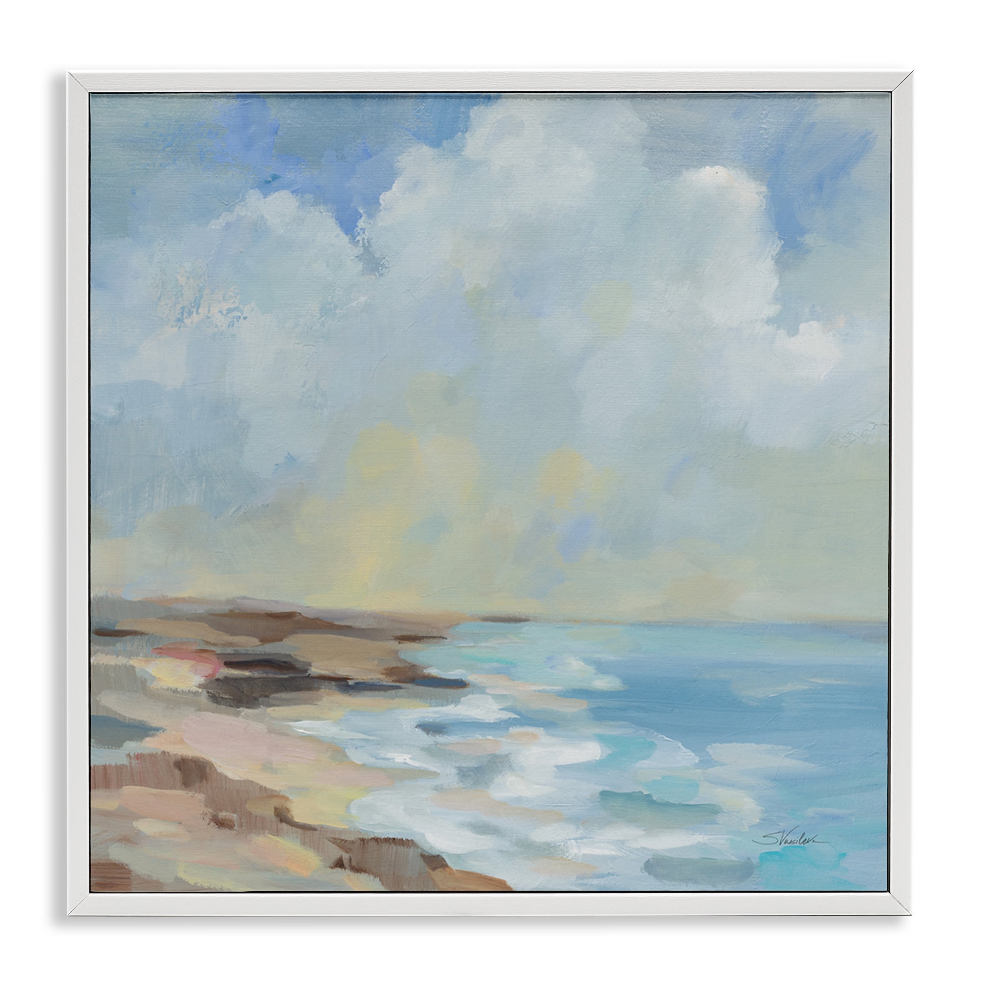 Stupell Industries By The Beach Shore Landscape & Nature Painting White Framed Art Print Wall Art, 12 x 12
