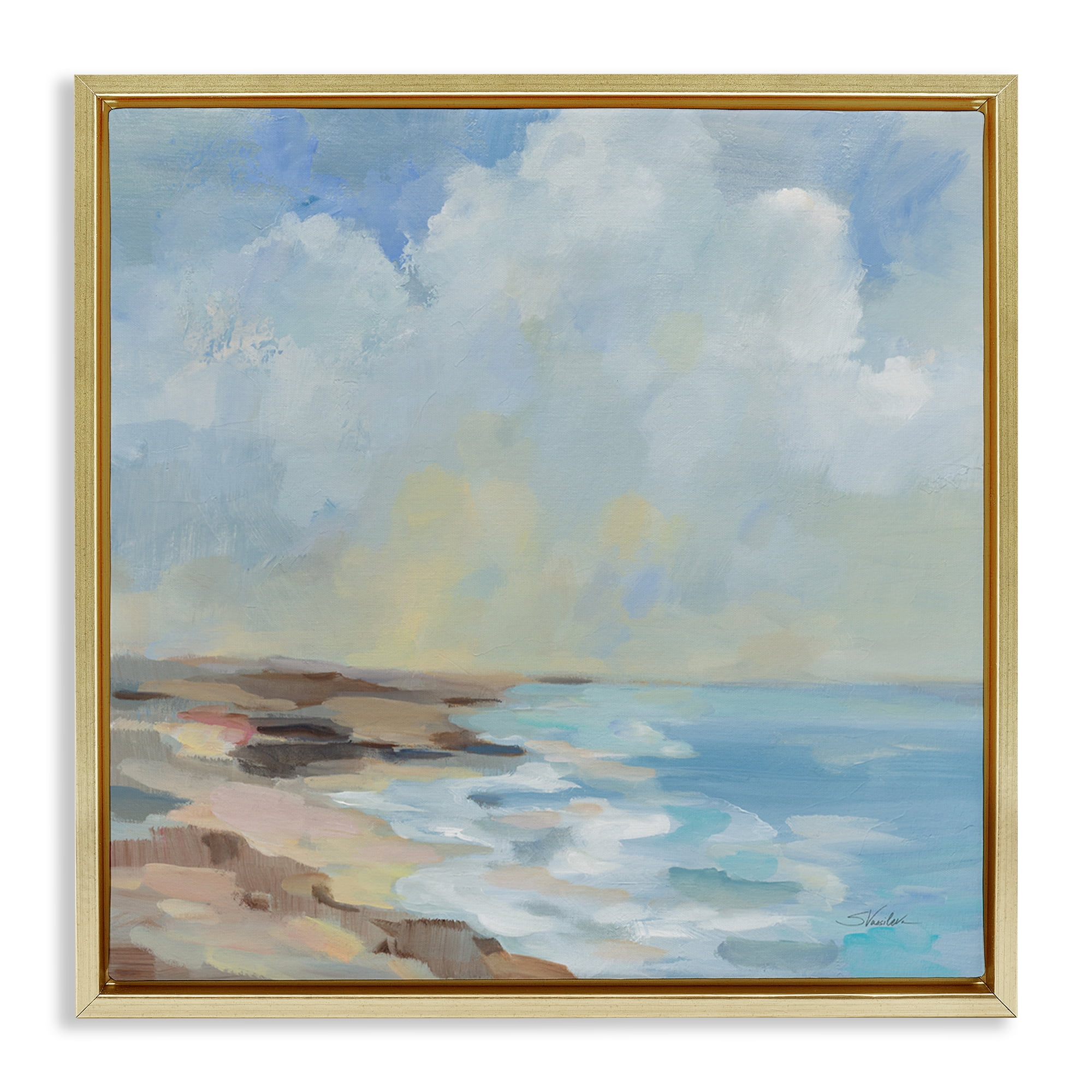 Stupell Industries By The Beach Shore Nautical & Beach Painting Gold Floater Framed Canvas Art Print Wall Art, 18 x 18