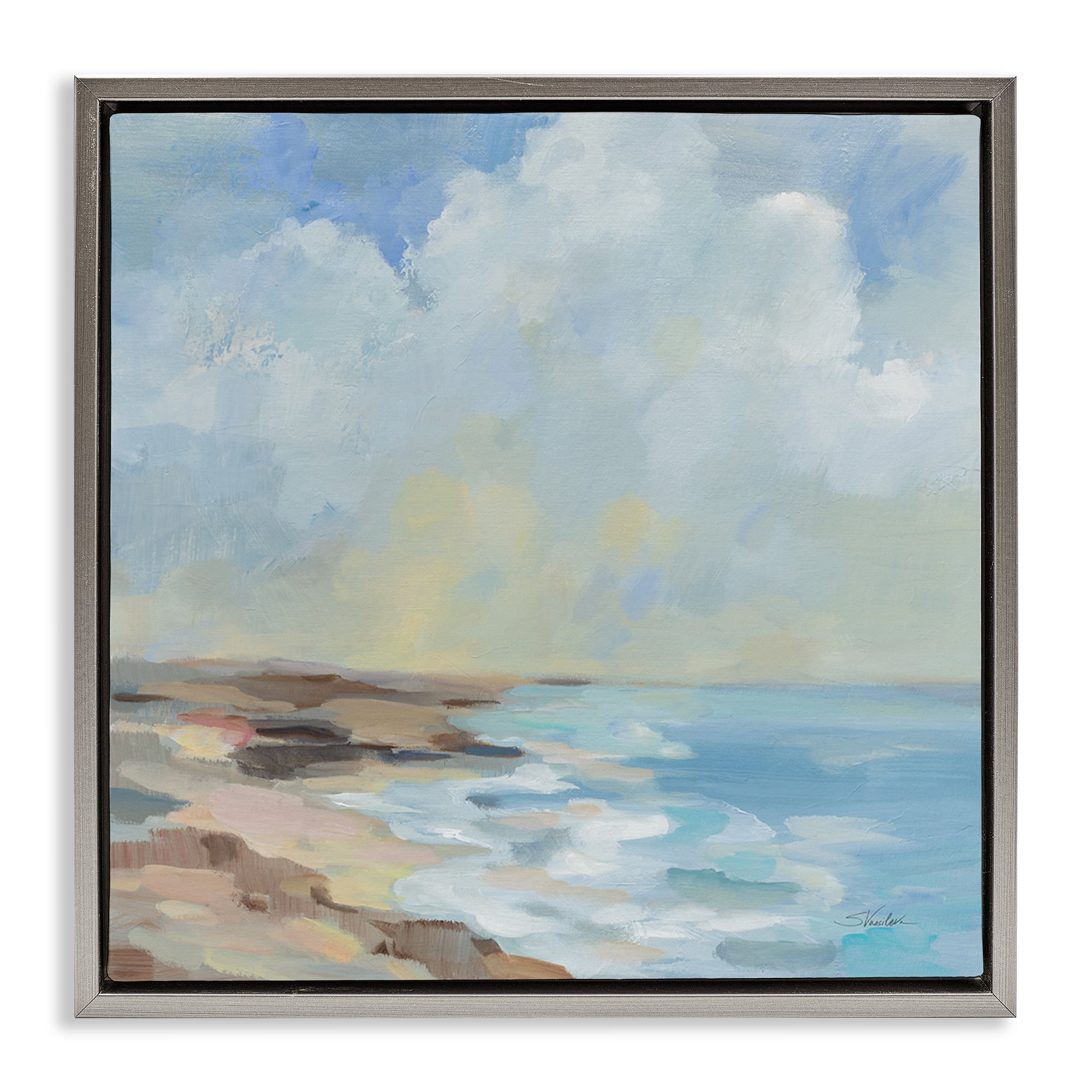 Stupell Industries By The Beach Shore Nautical & Beach Painting Gray Floater Framed Canvas Art Print Wall Art, 18 x 18