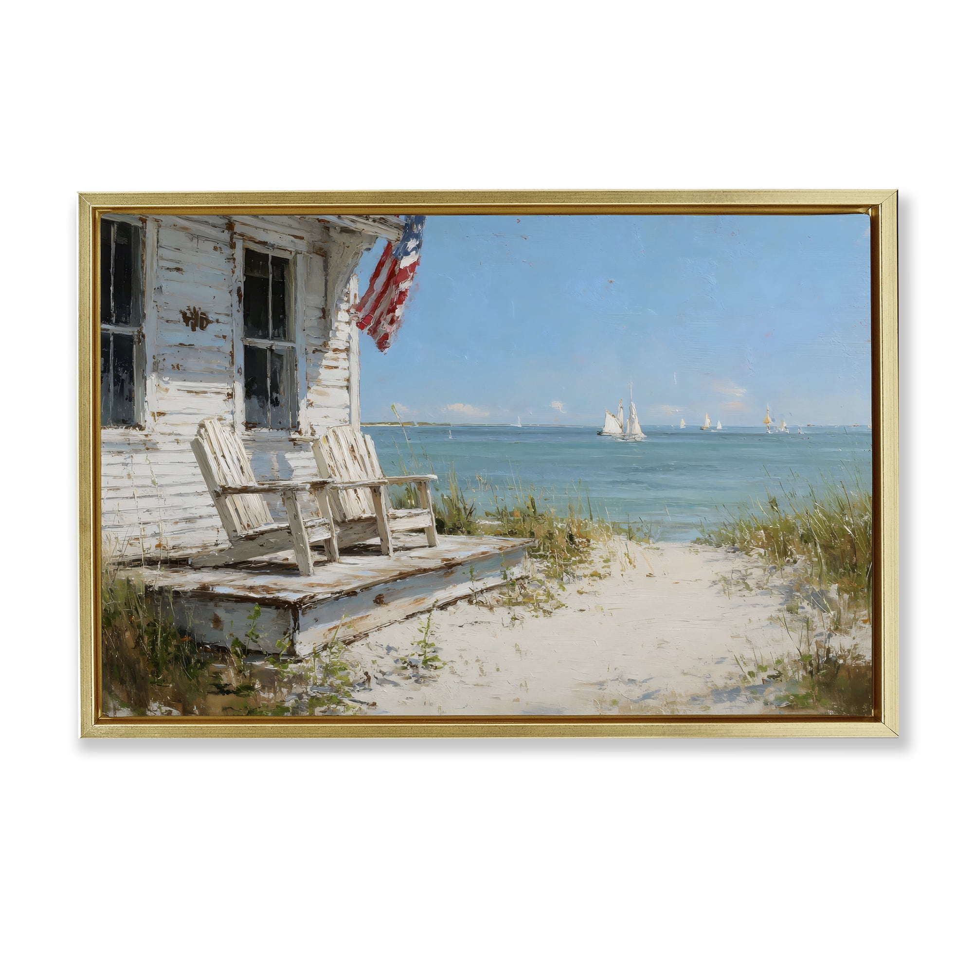 Stupell Industries By The Ocean Cottage Retreat Gold Framed Floater Canvas Wall Art, design by Petal Prints Design