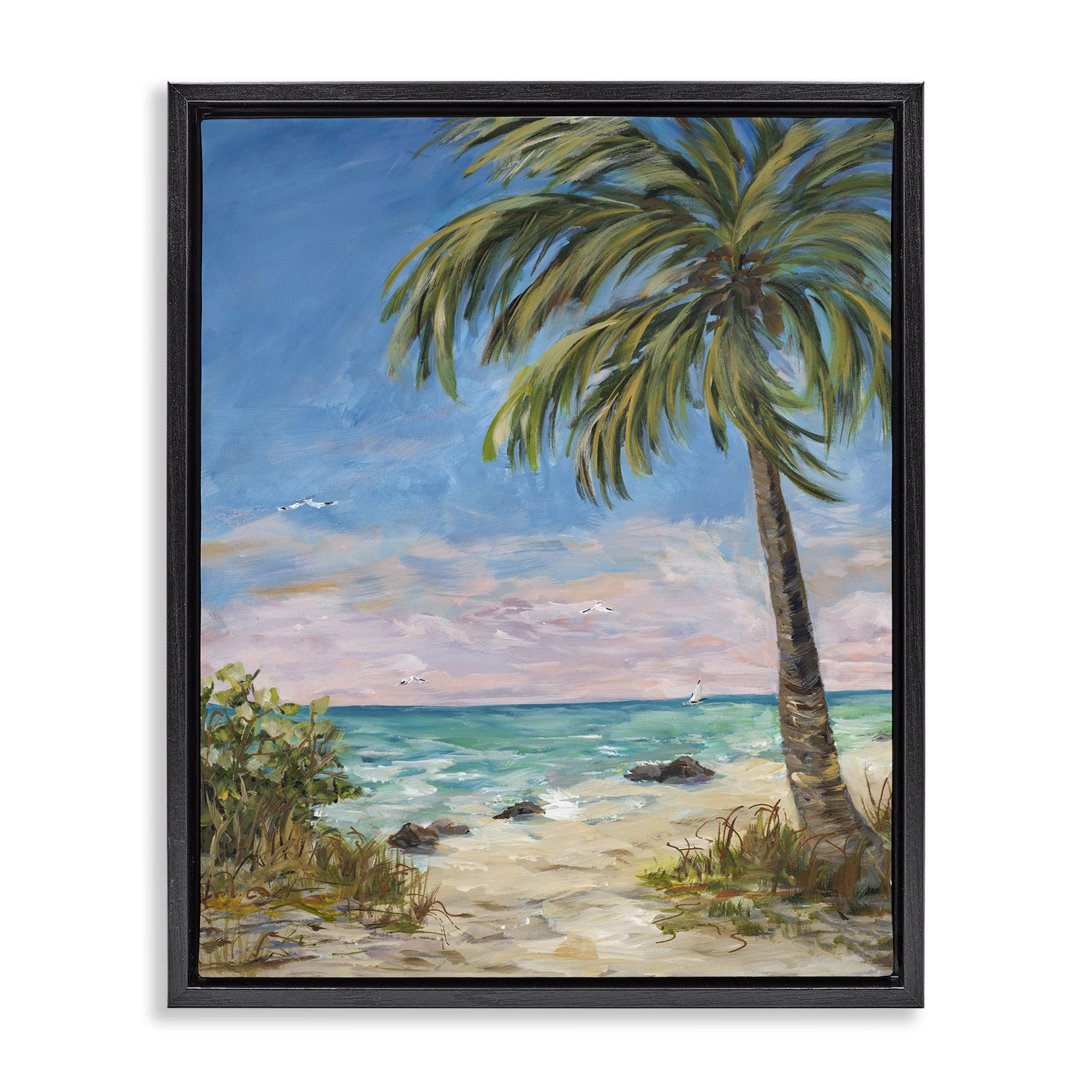 Stupell Industries By the Single Palm Coastal Painting Black Floater Framed Canvas Art Print Wall Art, 25 x 31