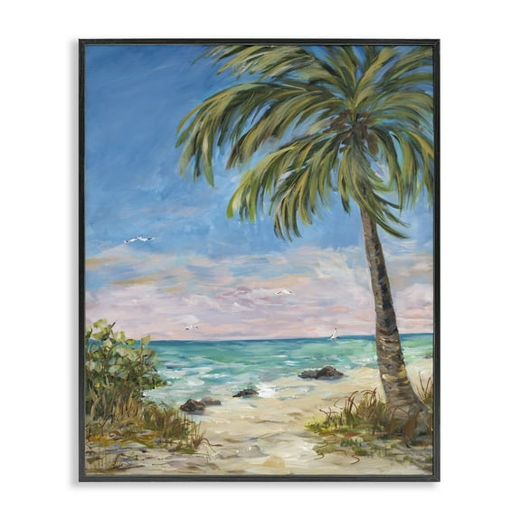 Stupell Industries By the Single Palm Coastal Painting Black Framed Art Print Wall Art, 11 x 14