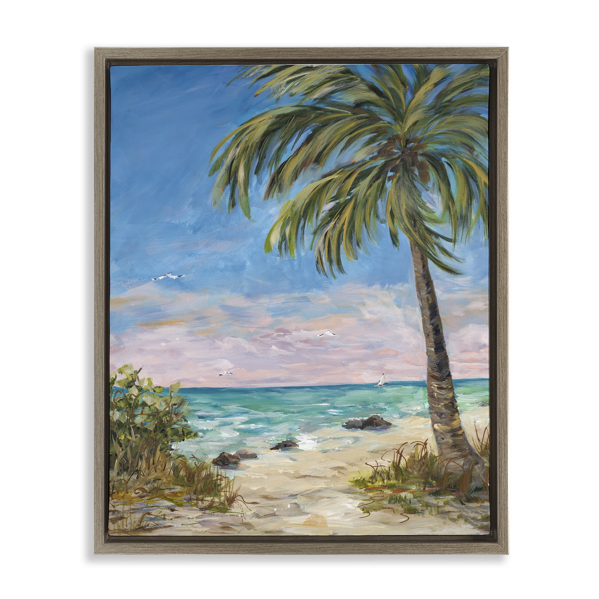 Stupell Industries By the Single Palm Coastal Painting Brown Floater Framed Canvas Art Print Wall Art, 25 x 31