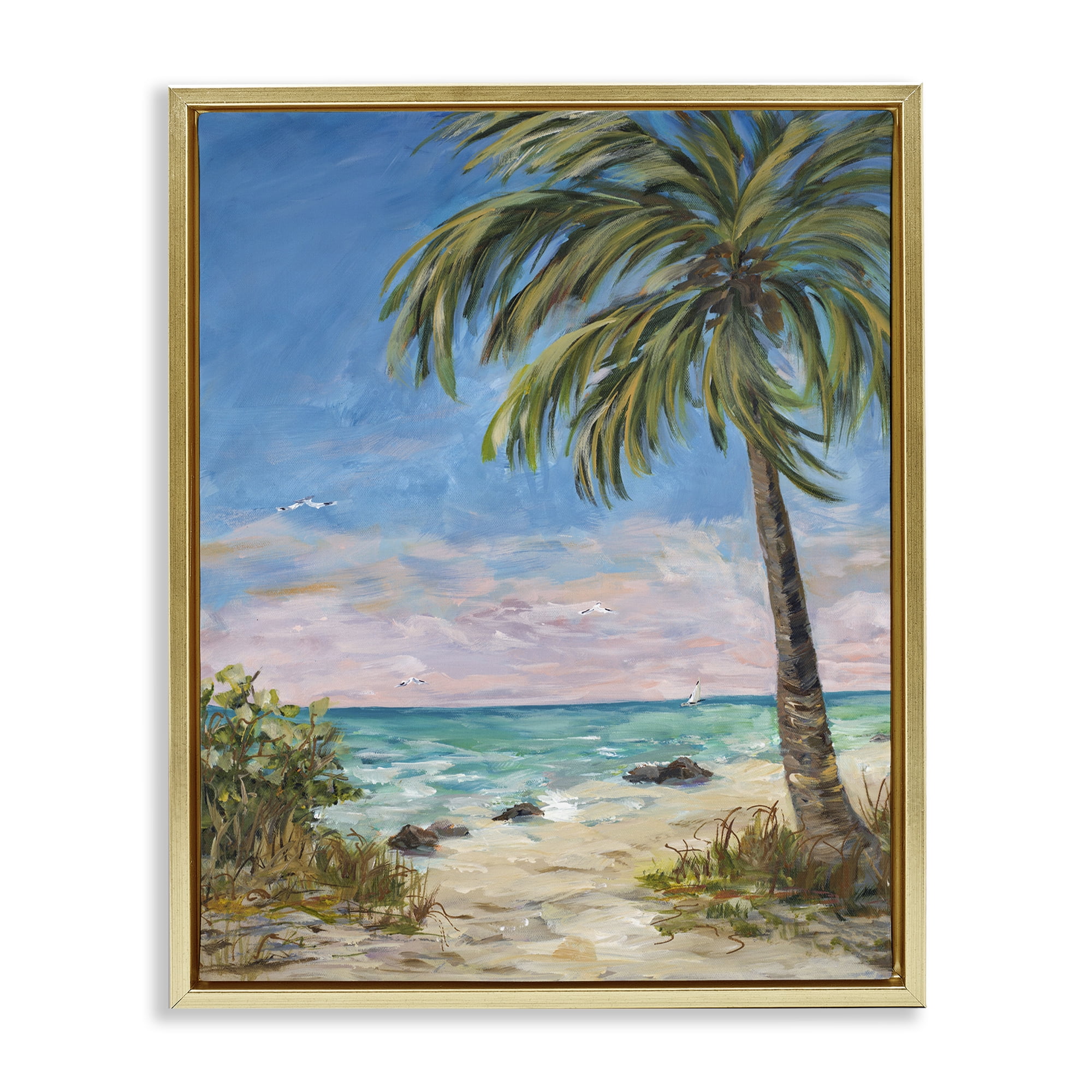 Stupell Industries By the Single Palm Coastal Painting Gold Floater Framed Canvas Art Print Wall Art, 17 x 21