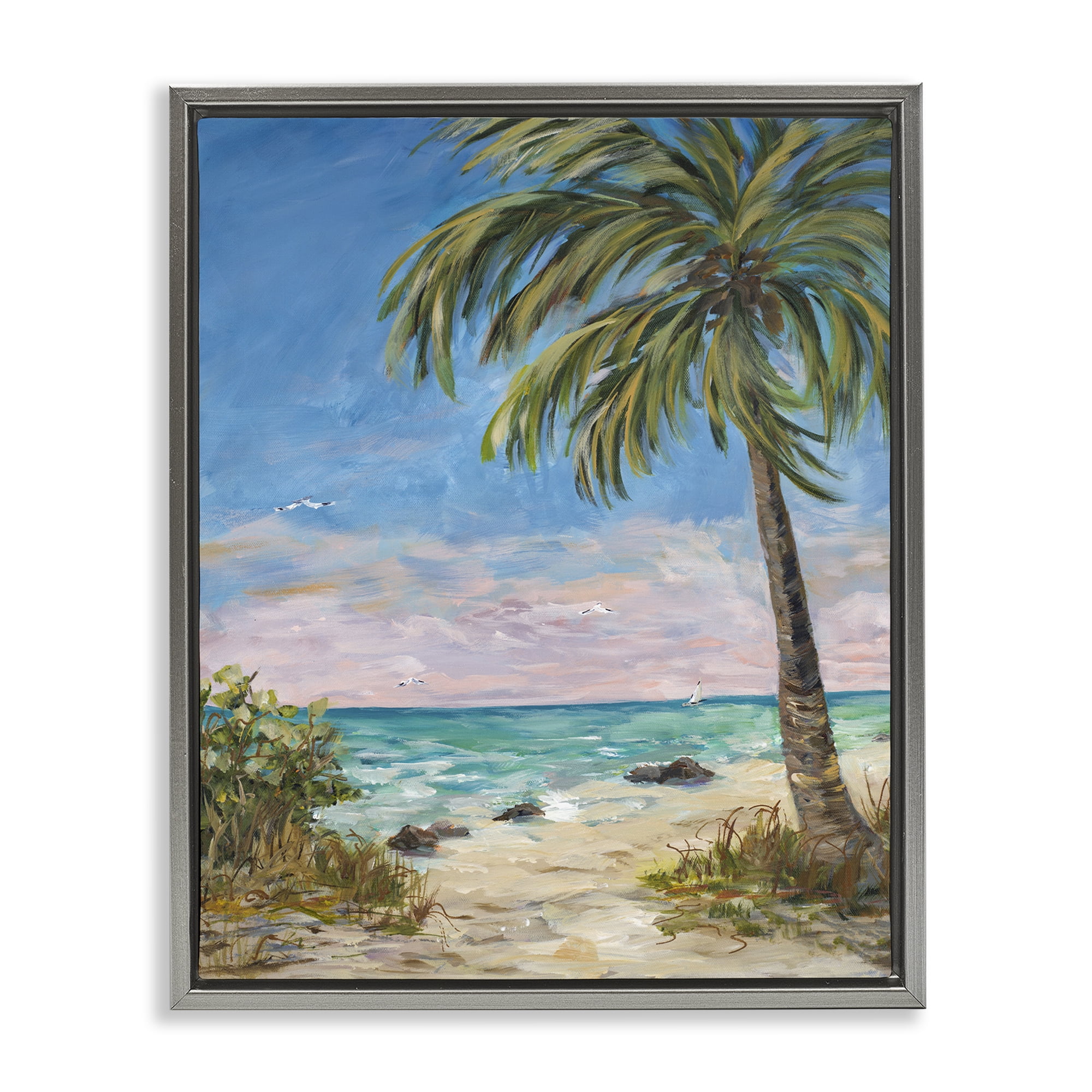 Stupell Industries By the Single Palm Coastal Painting Gray Floater Framed Canvas Art Print Wall Art, 25 x 31