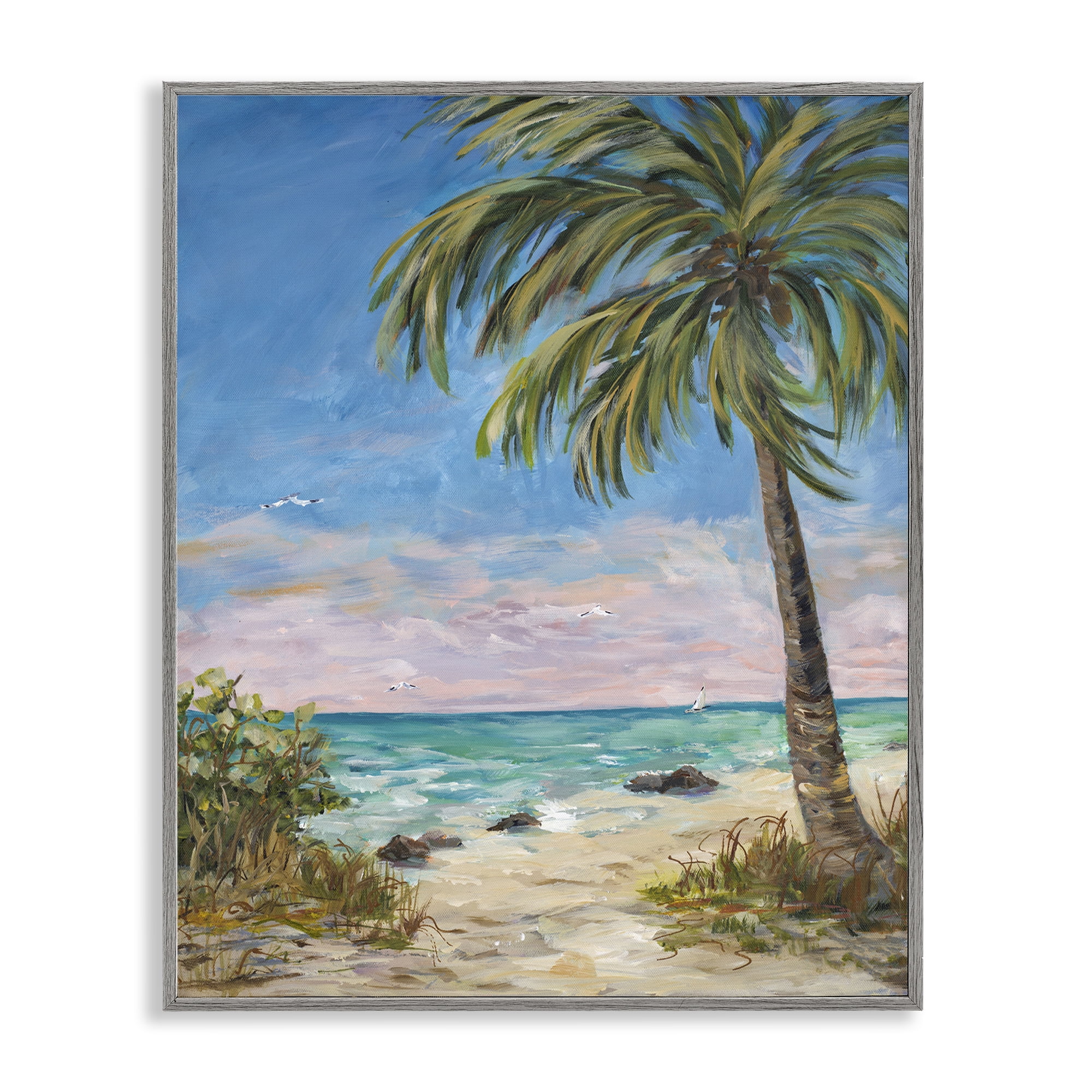 Stupell Industries By the Single Palm Coastal Painting Gray Framed Art Print Wall Art, 11 x 14