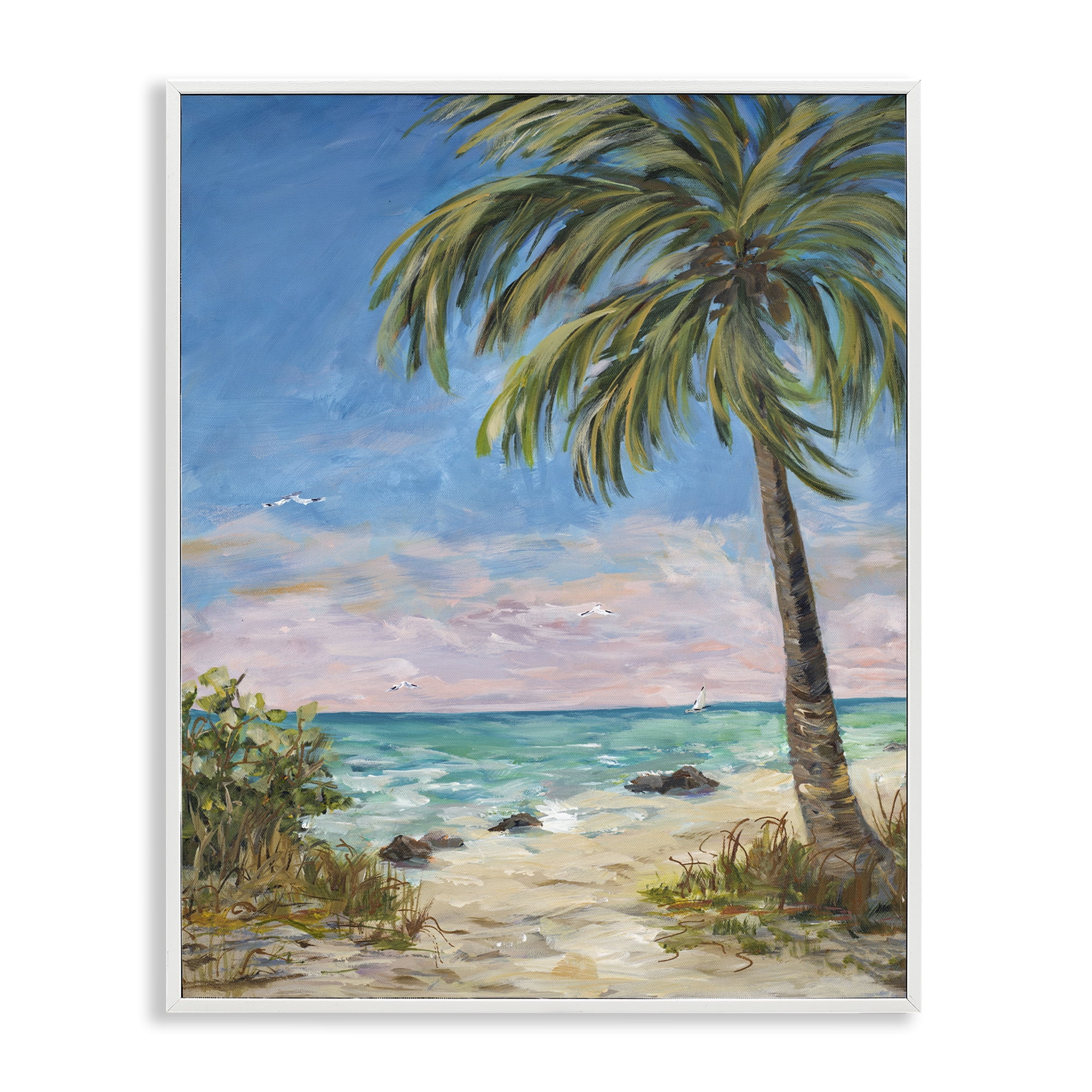Stupell Industries By the Single Palm Coastal Painting White Framed Art Print Wall Art, 16 x 20