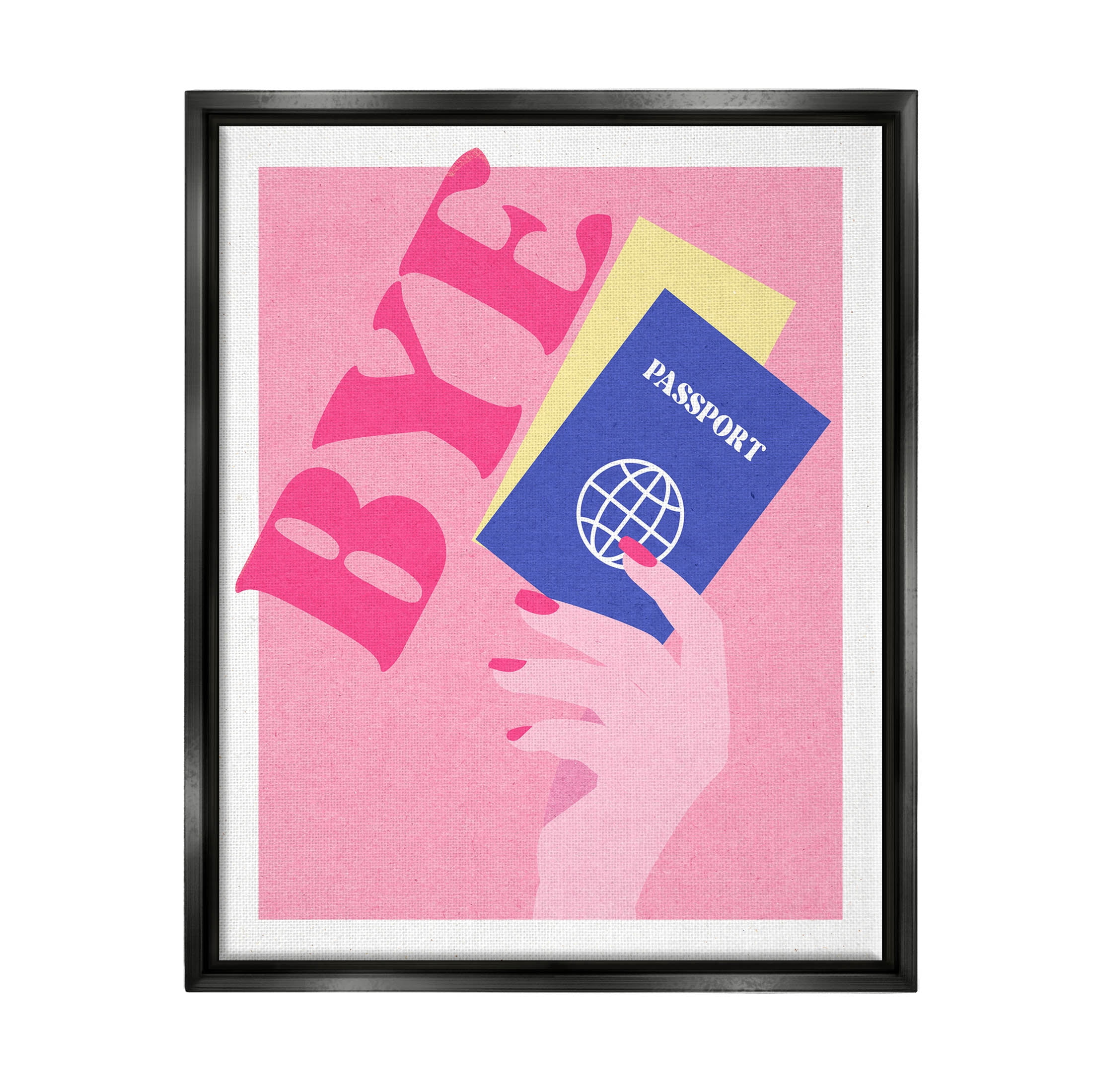 Stupell Industries Bye Holding Travel Passport Graphic Art Jet Black Floating Framed Canvas Print Wall Art, Design by Daphne Polselli