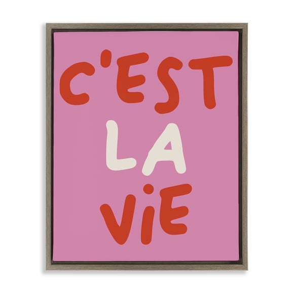 Stupell Industries C'est La Vie on Pink Quotes and Sayings Painting Brown Floater Framed Canvas Art Print Wall Art, 17 x 21