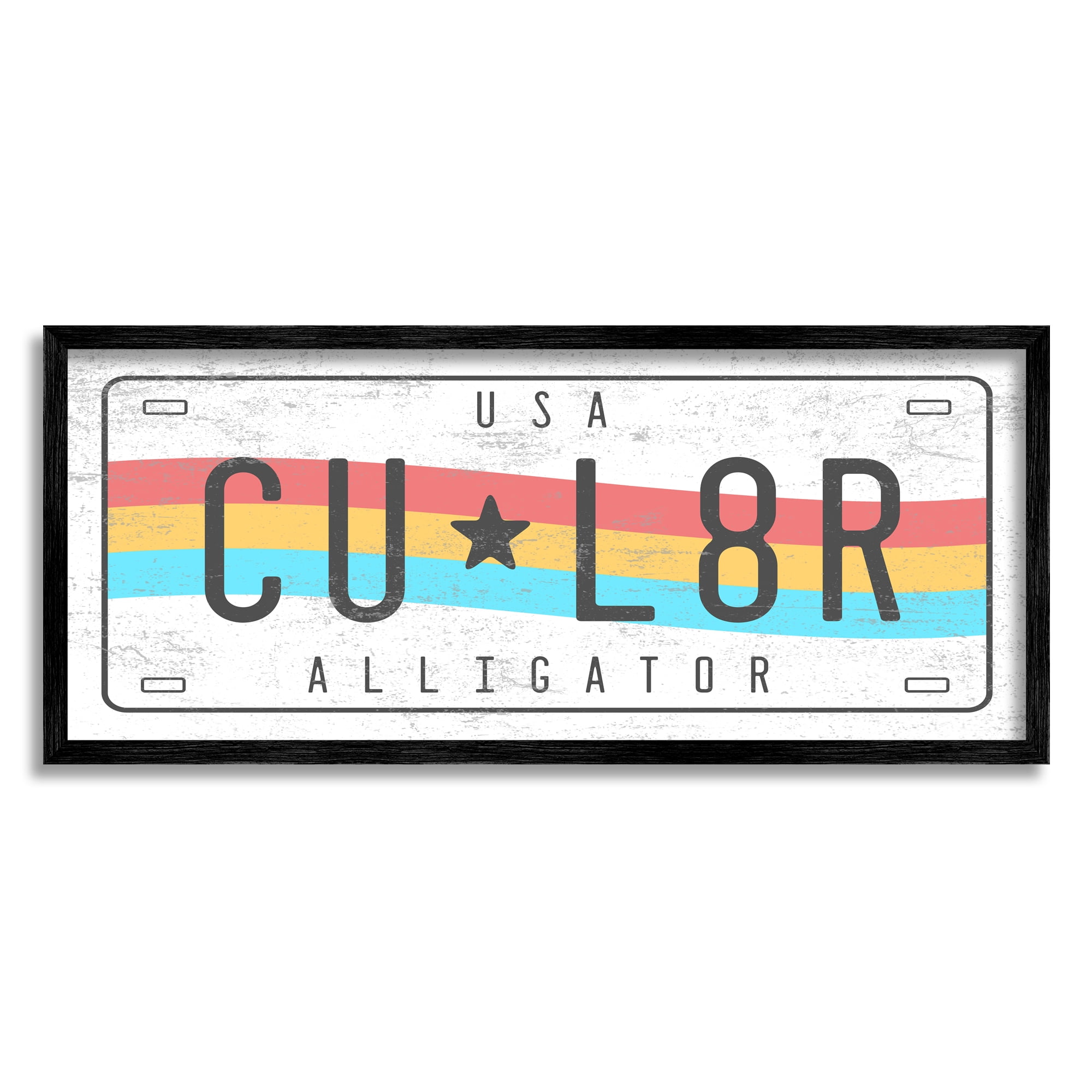 Stupell Industries CU L8R Alligator Rainbow License Plate Humor Transportation Painting Black Framed Art Print Wall Art, 13 x 30