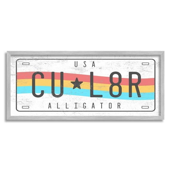Stupell Industries CU L8R Alligator Rainbow License Plate Humor Transportation Painting Gray Framed Art Print Wall Art, 13 x 30
