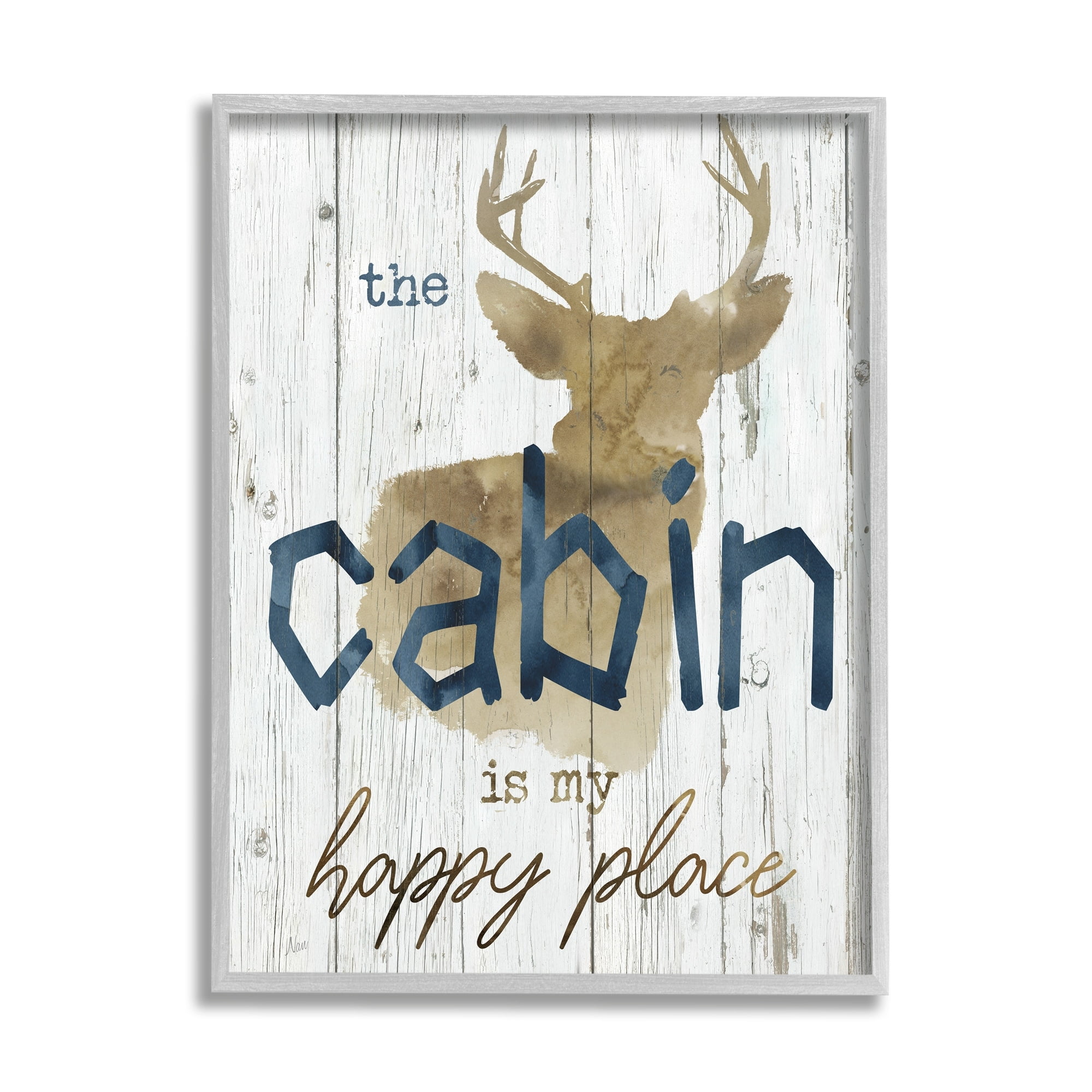Stupell Industries Cabin Happy Place Rustic Deer Silhouette Sign Graphic Art Gray Framed Art Print Wall Art, 11x14, by Nan