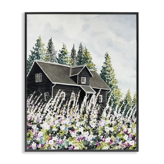 Stupell Industries Cabin Hidden By Garden Blooms Cottage Painting Black Framed Art Print Wall Art, 16 x 20