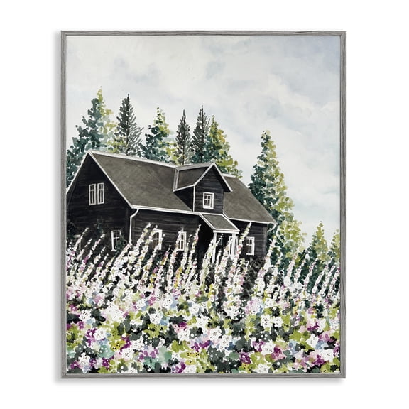 Stupell Industries Cabin Hidden By Garden Blooms Cottage Painting Gray Framed Art Print Wall Art, 16 x 20