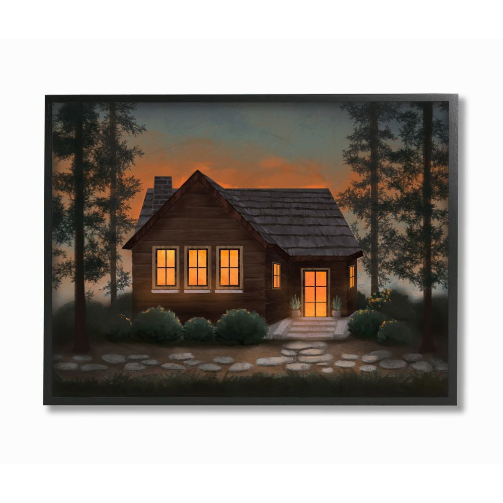 Stupell Industries Cabin In The Woods Country Landscape Painting Black Framed Art Print Wall Art, 24x30, by Ziwei Li