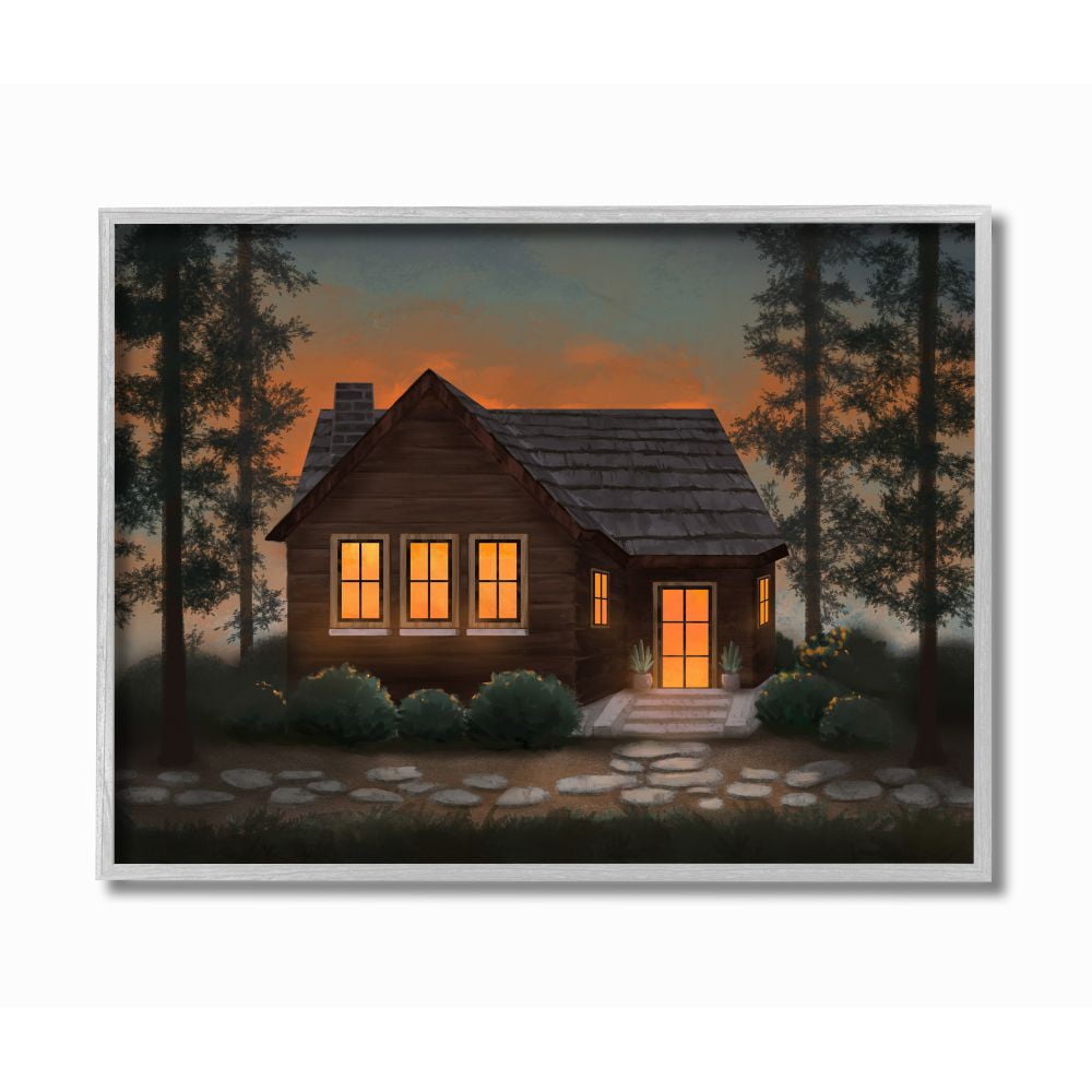 Stupell Industries Cabin In The Woods Country Landscape Painting Gray Framed Art Print Wall Art, 11x14, by Ziwei Li