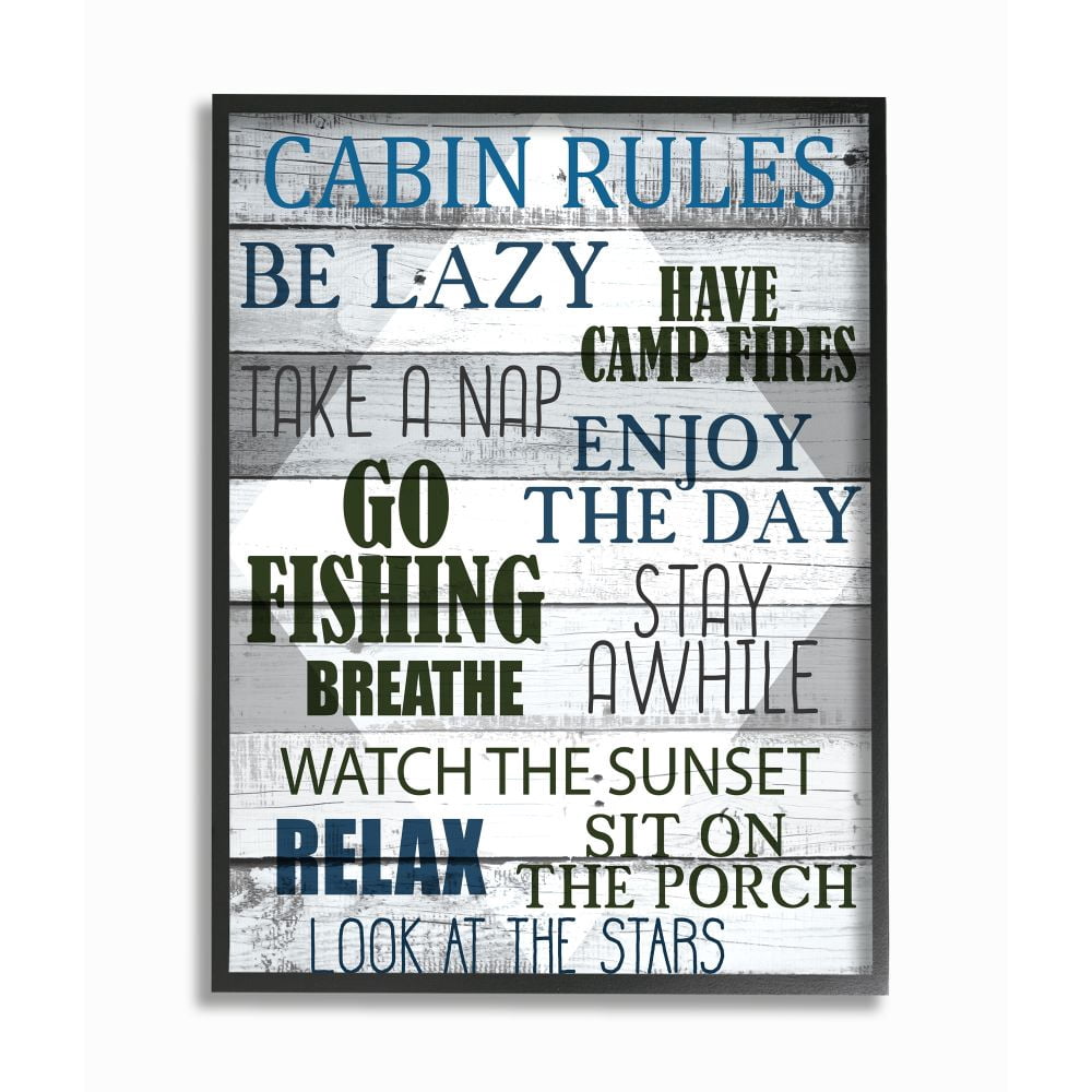 Stupell Industries Cabin Rules Phrases Rustic Grain Green Black Blue Words Framed Wall Art Design by Kim Allen, 16" x 20", Black Framed