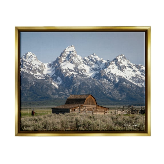 Stupell Industries Cabin & Snowy Peaks Landscape Photography Gold Floater Framed Canvas Art Print Wall Art, 31 x 25