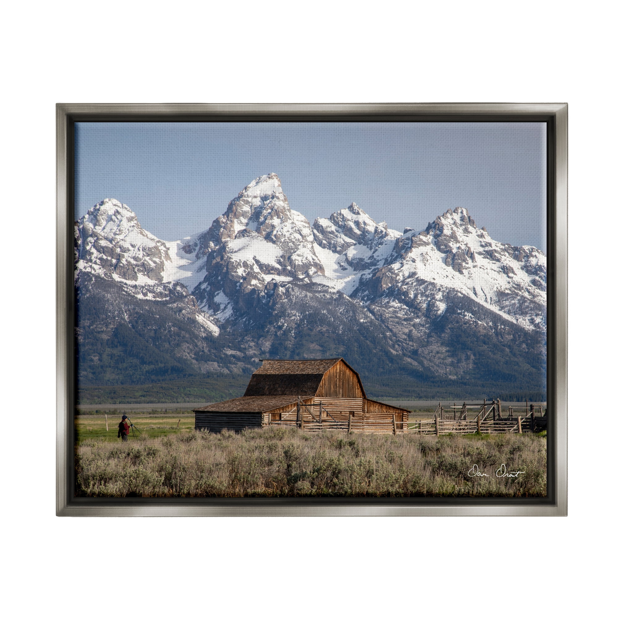 Stupell Industries Cabin & Snowy Peaks Landscape Photography Gray Floater Framed Canvas Art Print Wall Art, 21 x 17