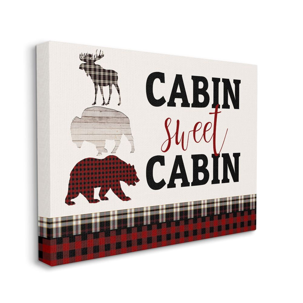 Stupell Industries Cabin Sweet Cabin Words Forest Animals Red Plaid Greeting Canvas Wall Art Design by Kim Allen, 36" x 48"