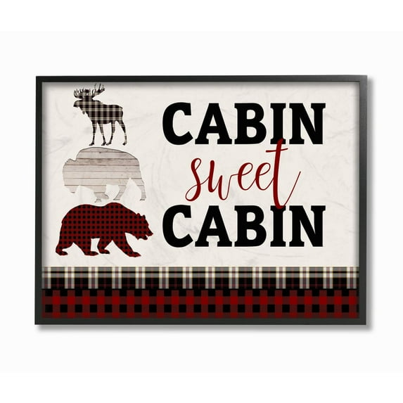 Stupell Industries Cabin Sweet Cabin Words Forest Animals Red Plaid Greeting Framed Wall Art Design by Kim Allen, 11" x 14", Black Framed